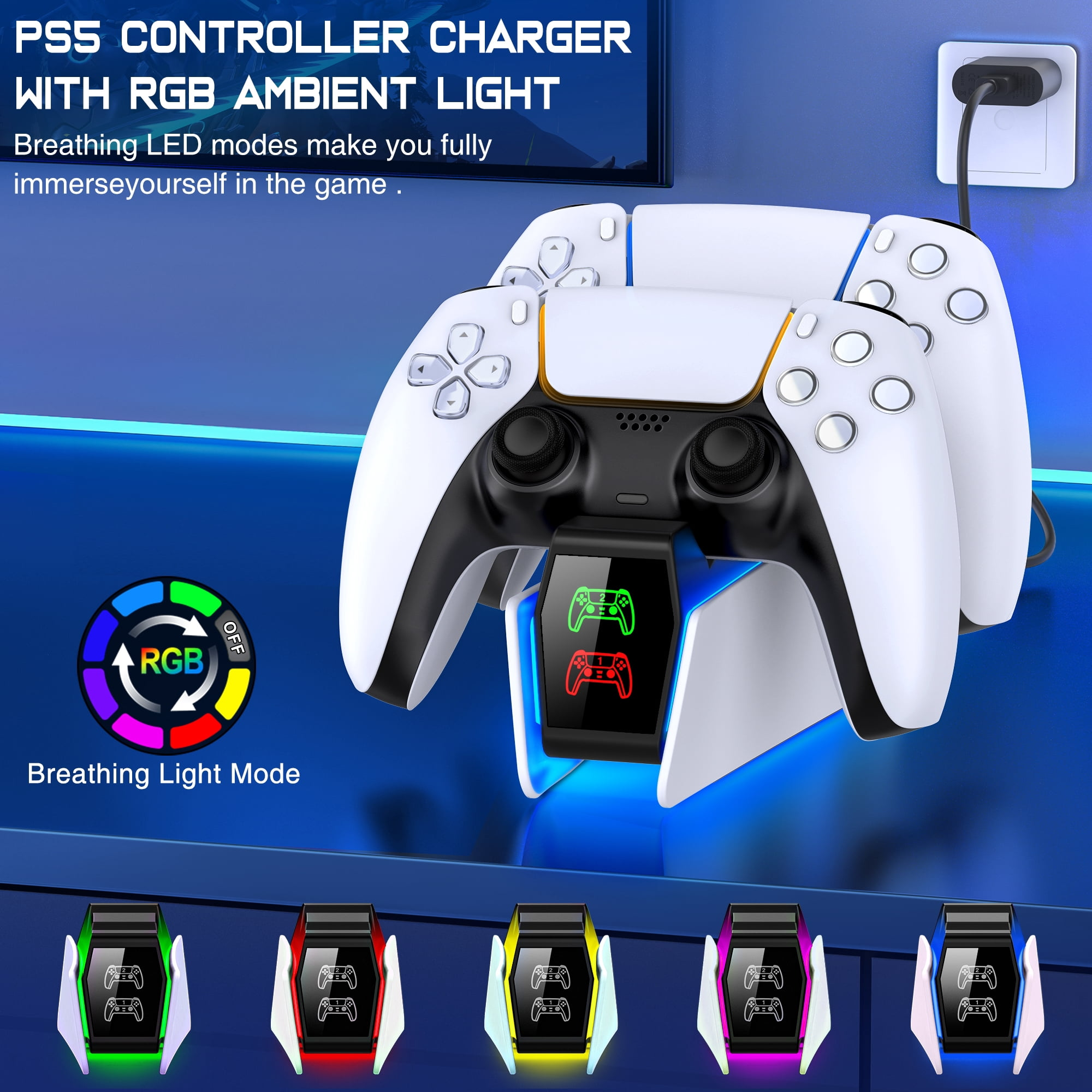 Zwei weiße PS5-Controller auf einer RGB-Ladestation mit blauem Licht und Farboptionen unten.