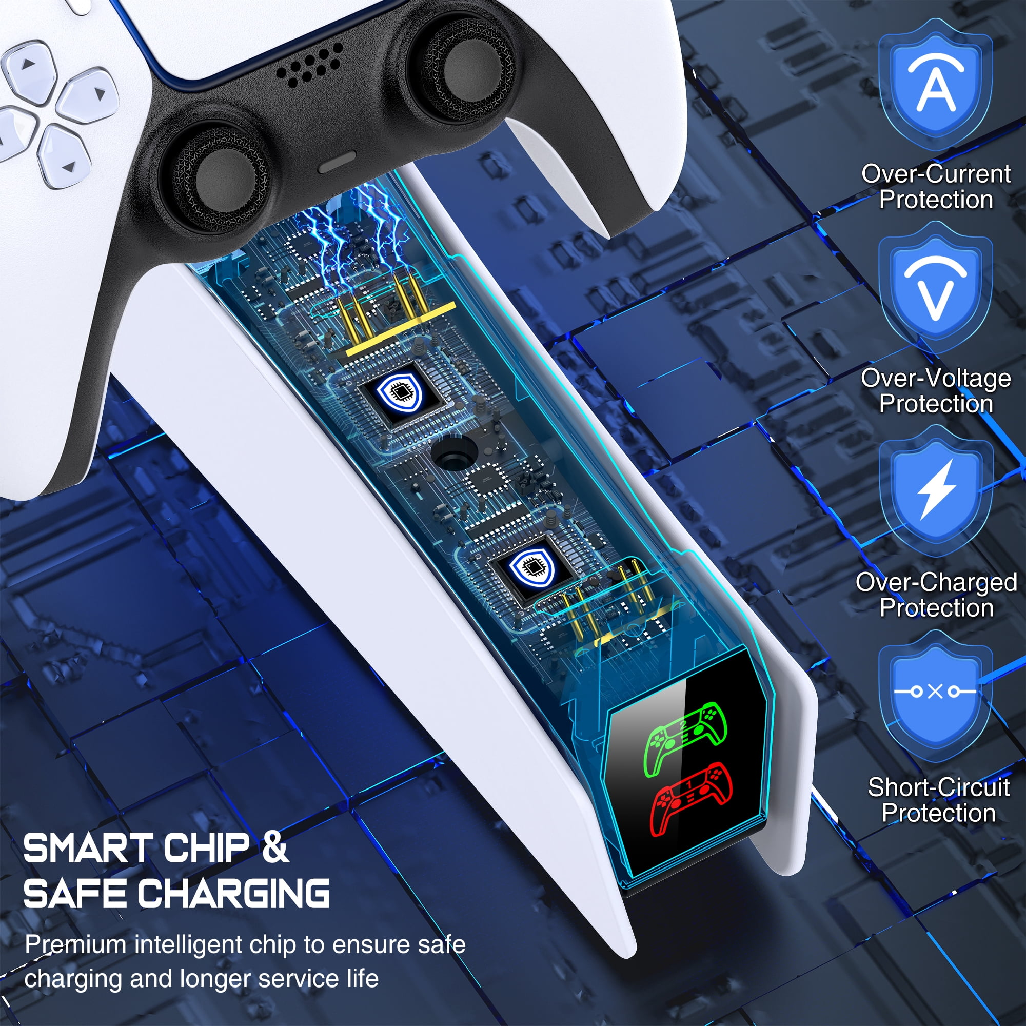 Eine PS5-Controller-Ladestation zeigt ihren internen Smart-Chip mit hervorgehobenen Sicherheitsfunktionen.