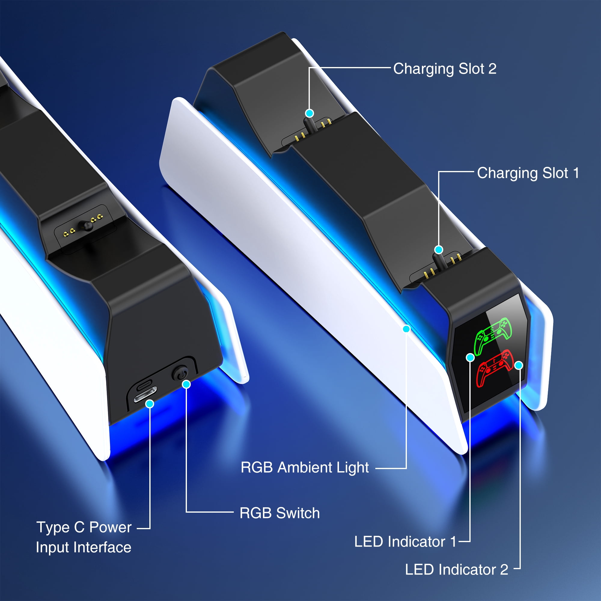 Diagramm eines PS5-Dual-Controller-Ladegeräts mit beschrifteten Funktionen wie Ladeschächten und LED-Anzeigen.
