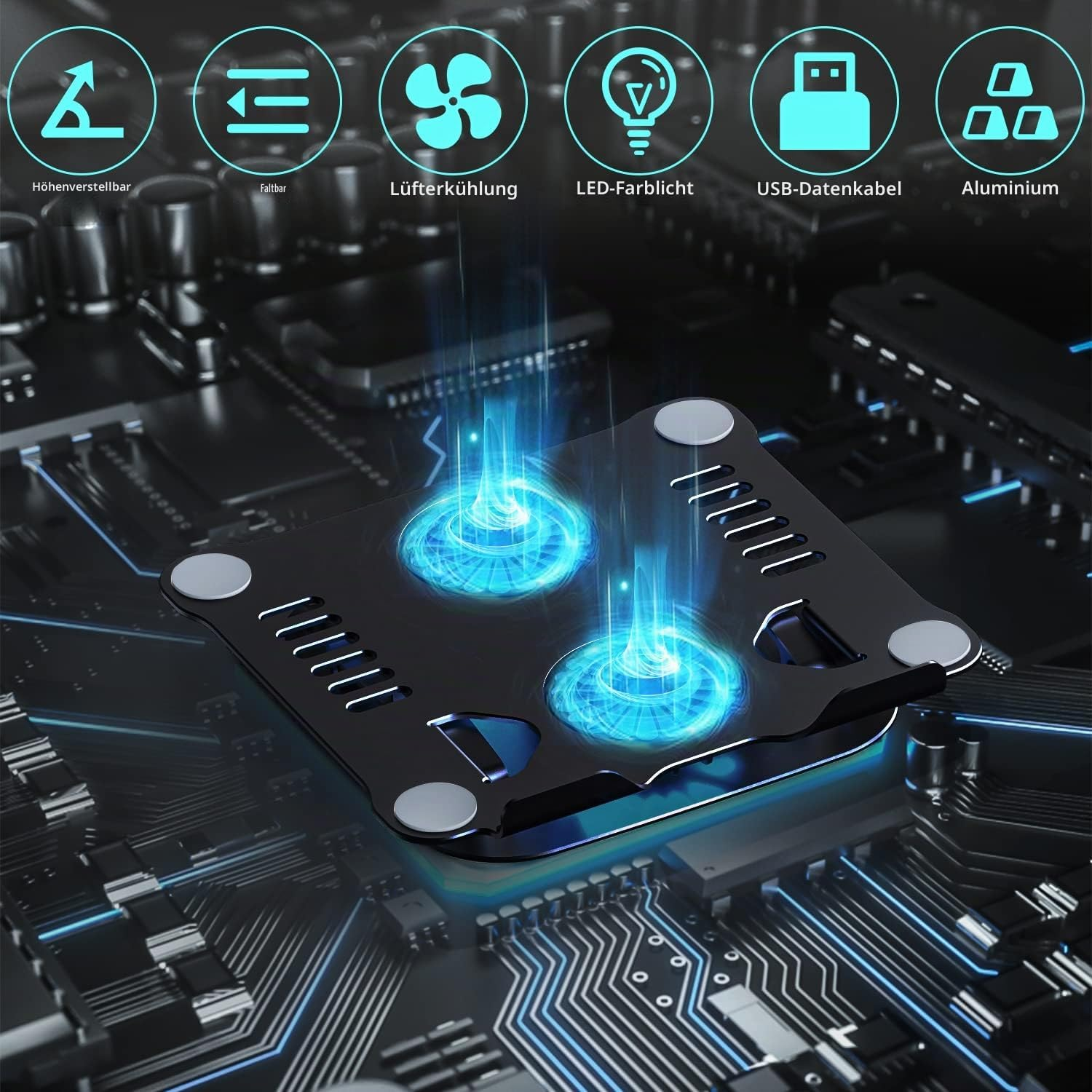 Laptop-Kühler mit blauen LED-Lüftern über einer Computer-Platine mit Funktionssymbolen oben.