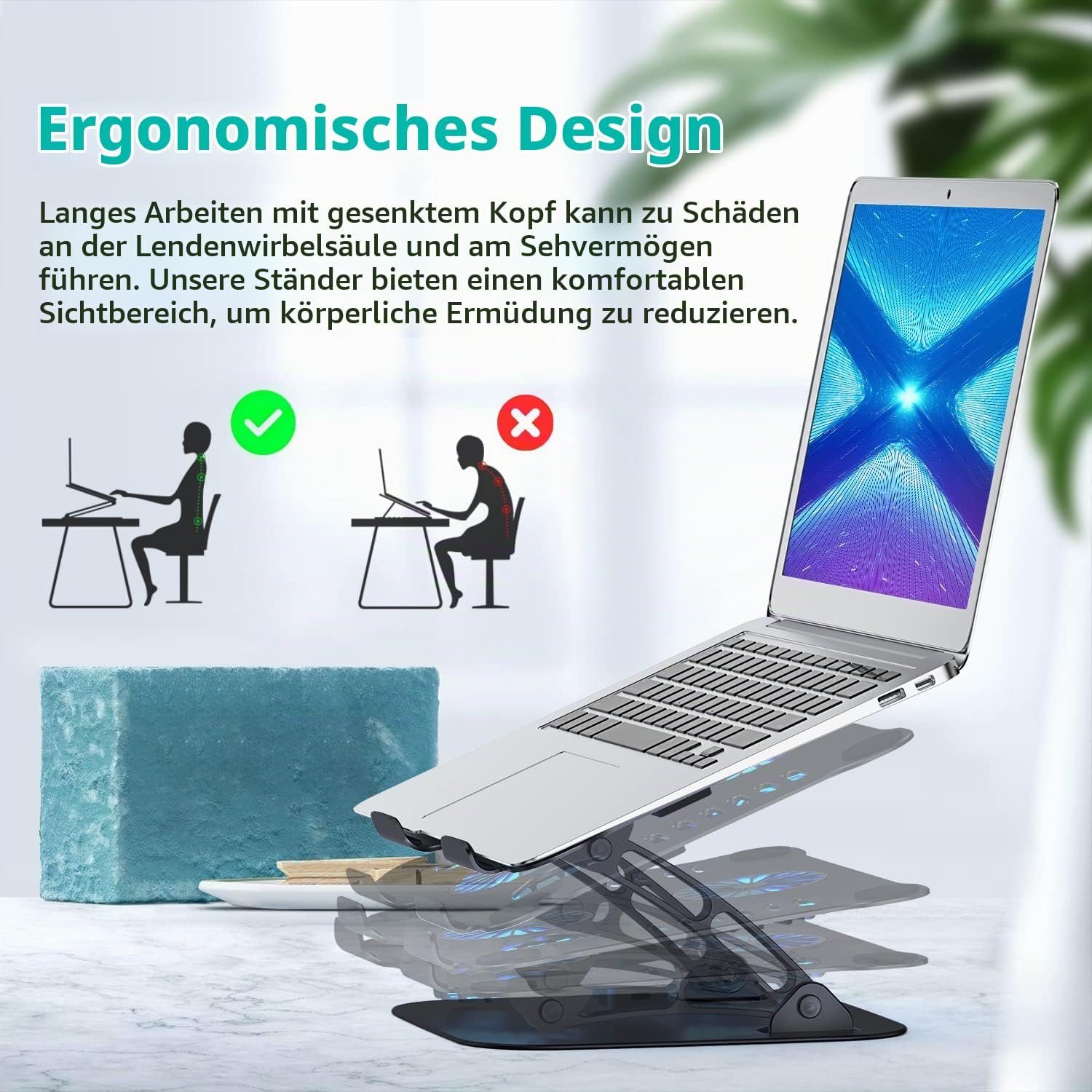 Ein verstellbarer Laptop-Ständer für ergonomische Haltung mit Abbildungen guter und schlechter Haltung.