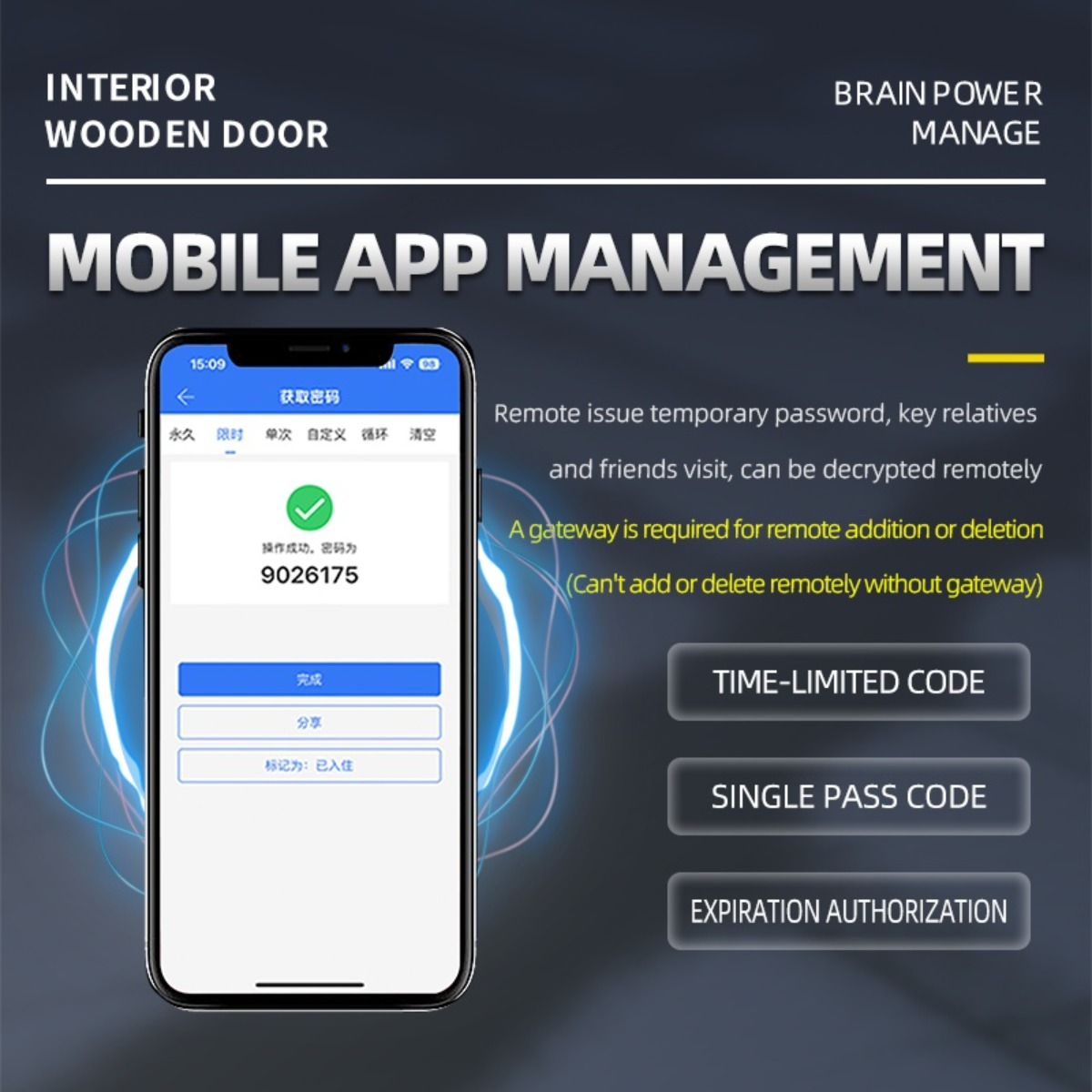 Smartphone zeigt App zur Verwaltung temporärer Passwörter für smarte Holztüren.