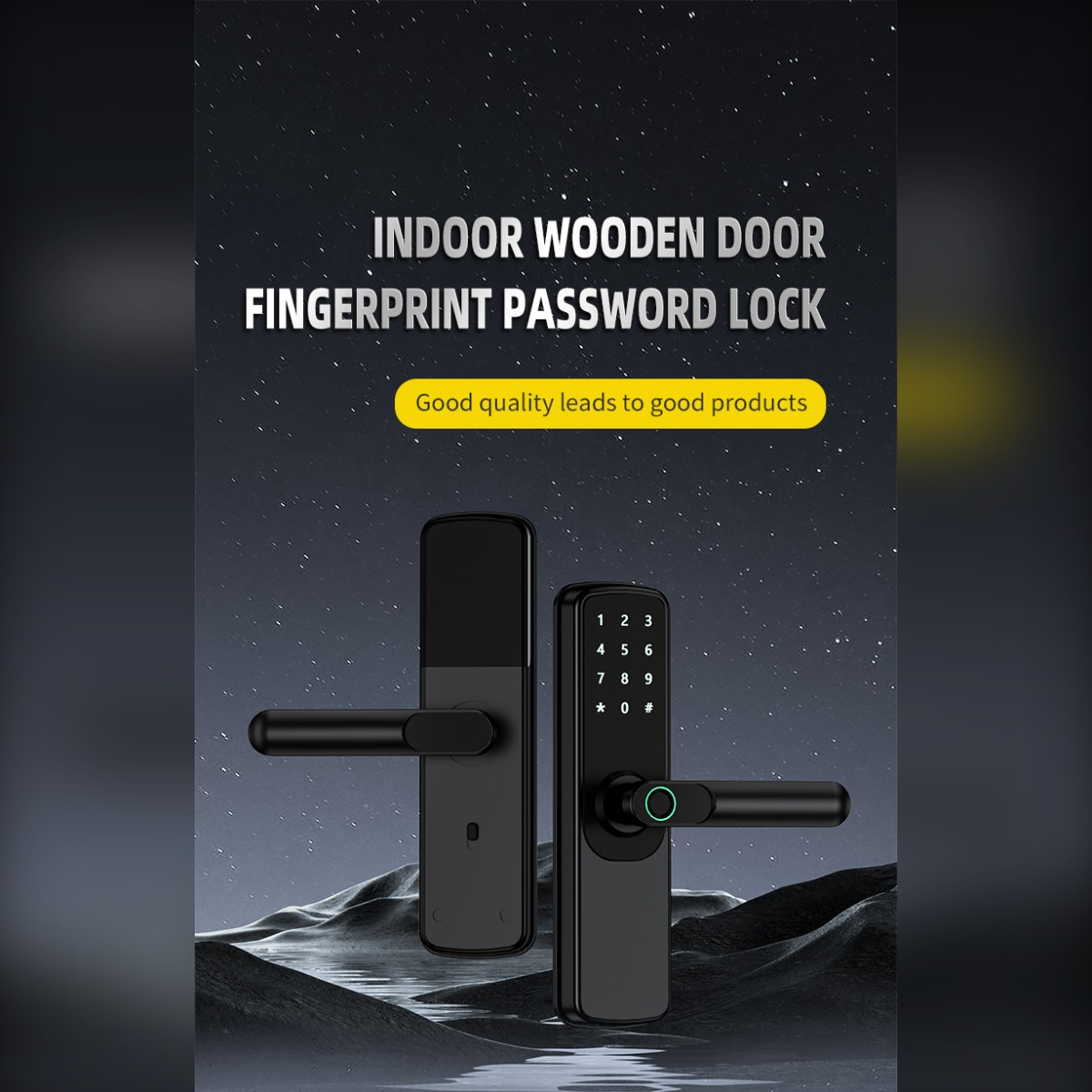 Zwei schwarze digitale Fingerabdruck-Türschlösser vor einem dunklen, sternenklaren Hintergrund mit Bergen.