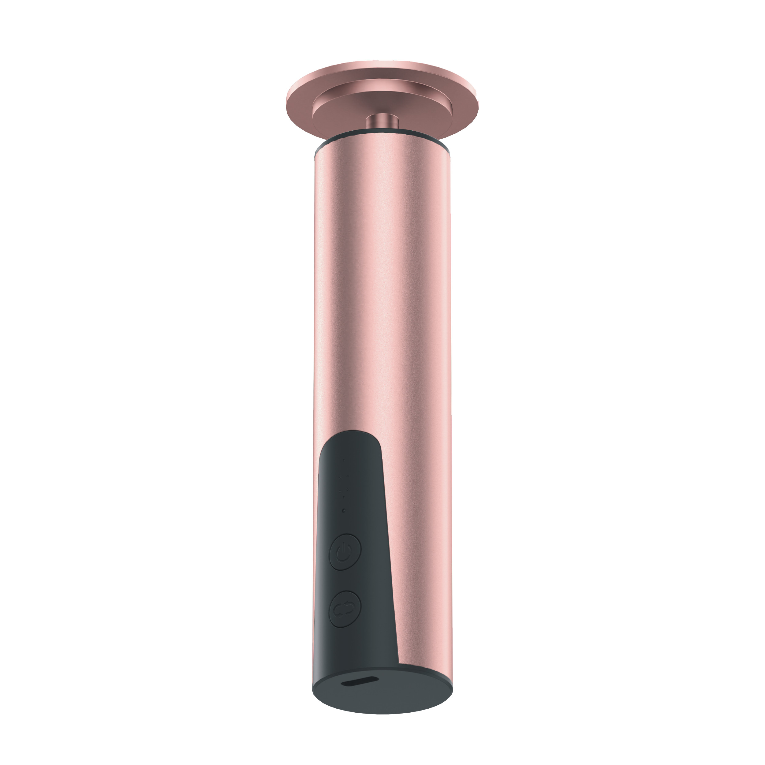 Ein zylindrischer, rosé-goldener Weinöffner mit schwarzem Bedienfeld und zwei Tasten auf weißem Hintergrund.