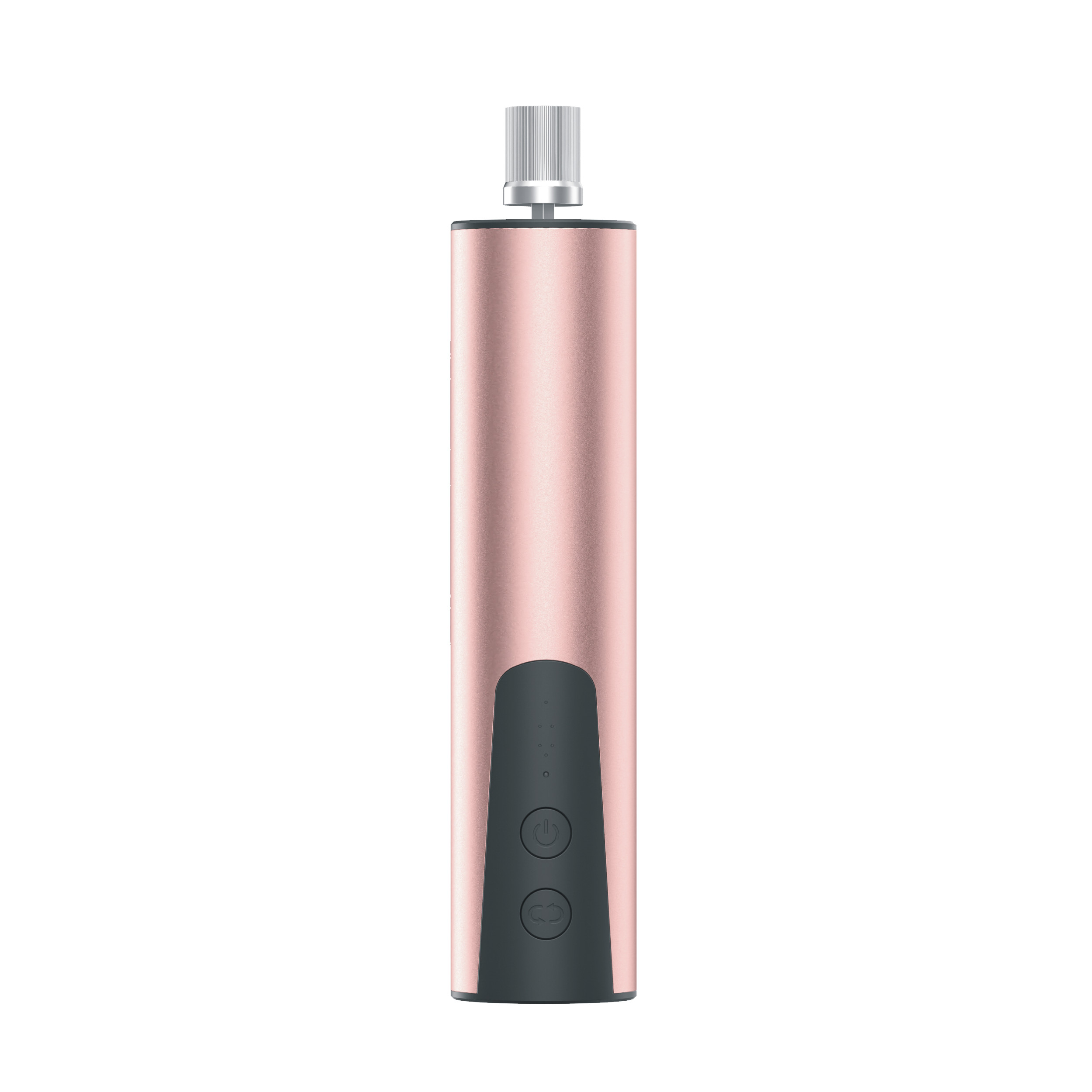 Ein zylindrisches metallisches Roségold-Gerät mit grauem Bedienfeld und silberner Düse auf weißem Hintergrund.