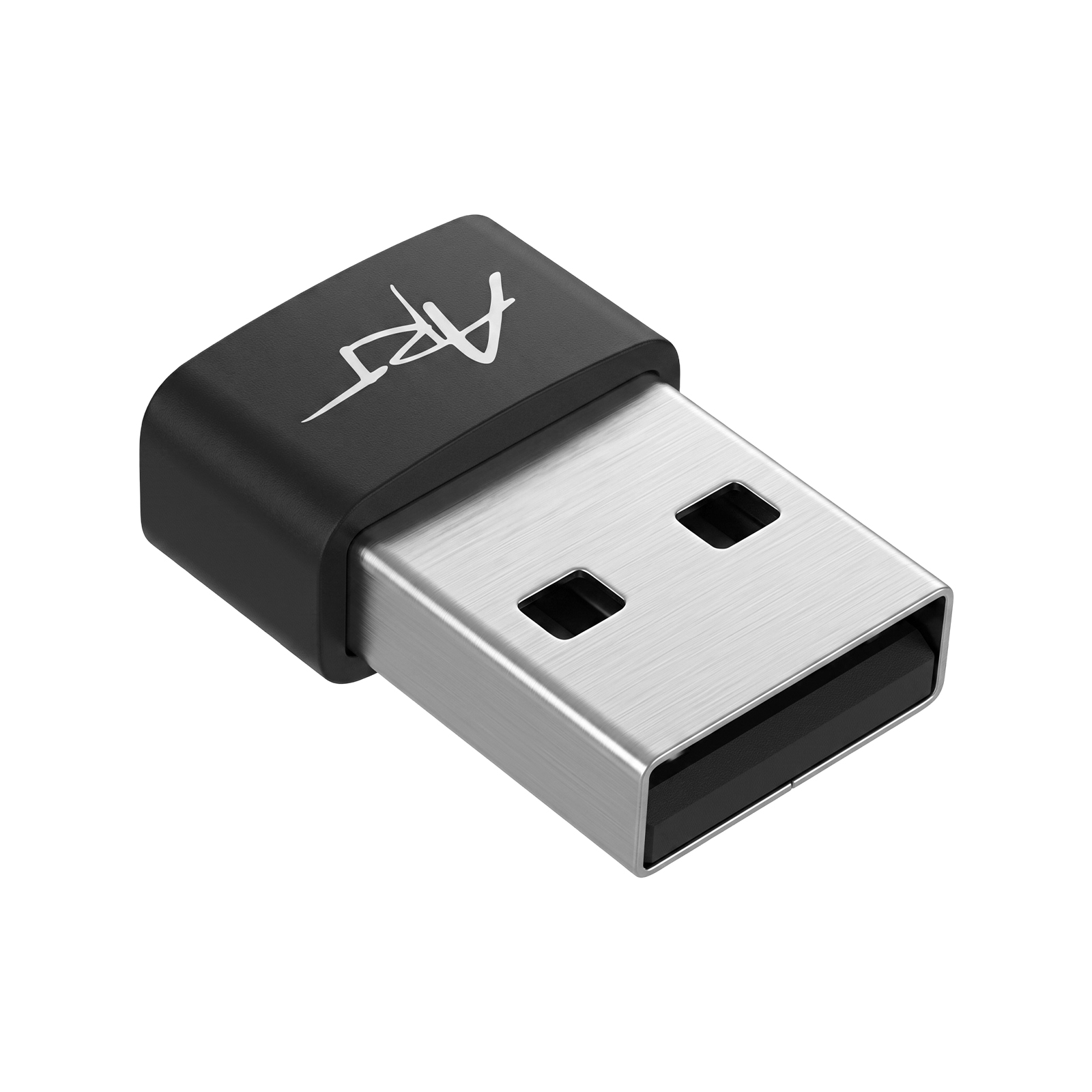 Ein kompakter schwarzer USB-Adapter mit silbernem Metallstecker und weißer Aufschrift vor weißem Hintergrund.