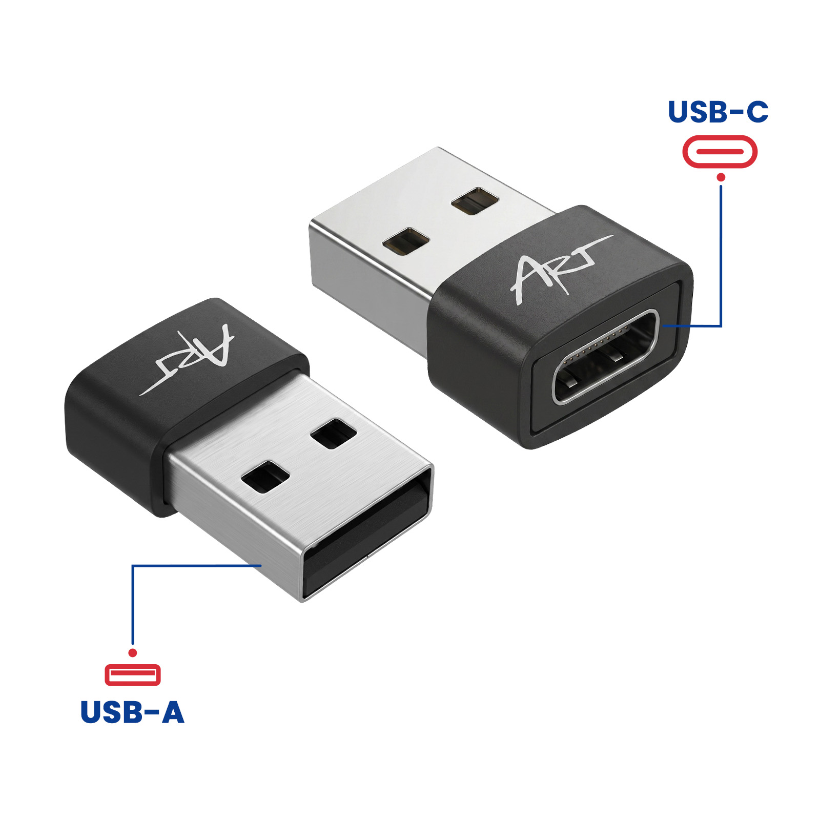 Zwei USB-Adapter auf weißem Hintergrund, einer mit USB-A- und einer mit USB-C-Anschluss, beschriftet mit ART.