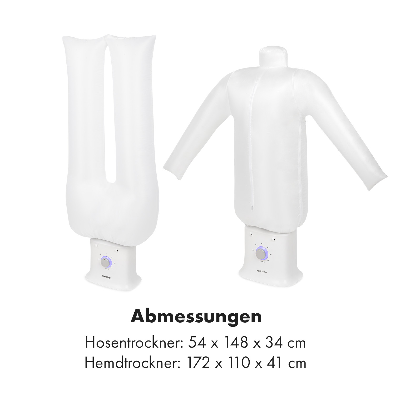 Dos secadores de tela eléctricos blancos para pantalones y camisas con dimensiones sobre fondo blanco.