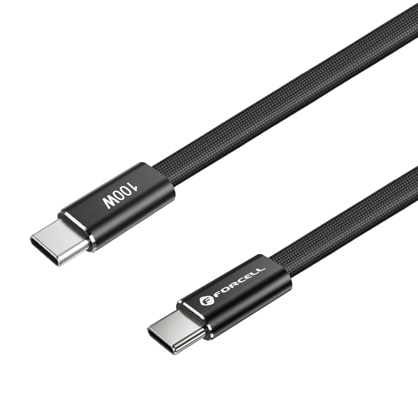 Ein schwarzes, geflochtenes USB-C-Kabel mit Metallsteckern, beschriftet mit 100W und Forcell, vor weißem Hintergrund.