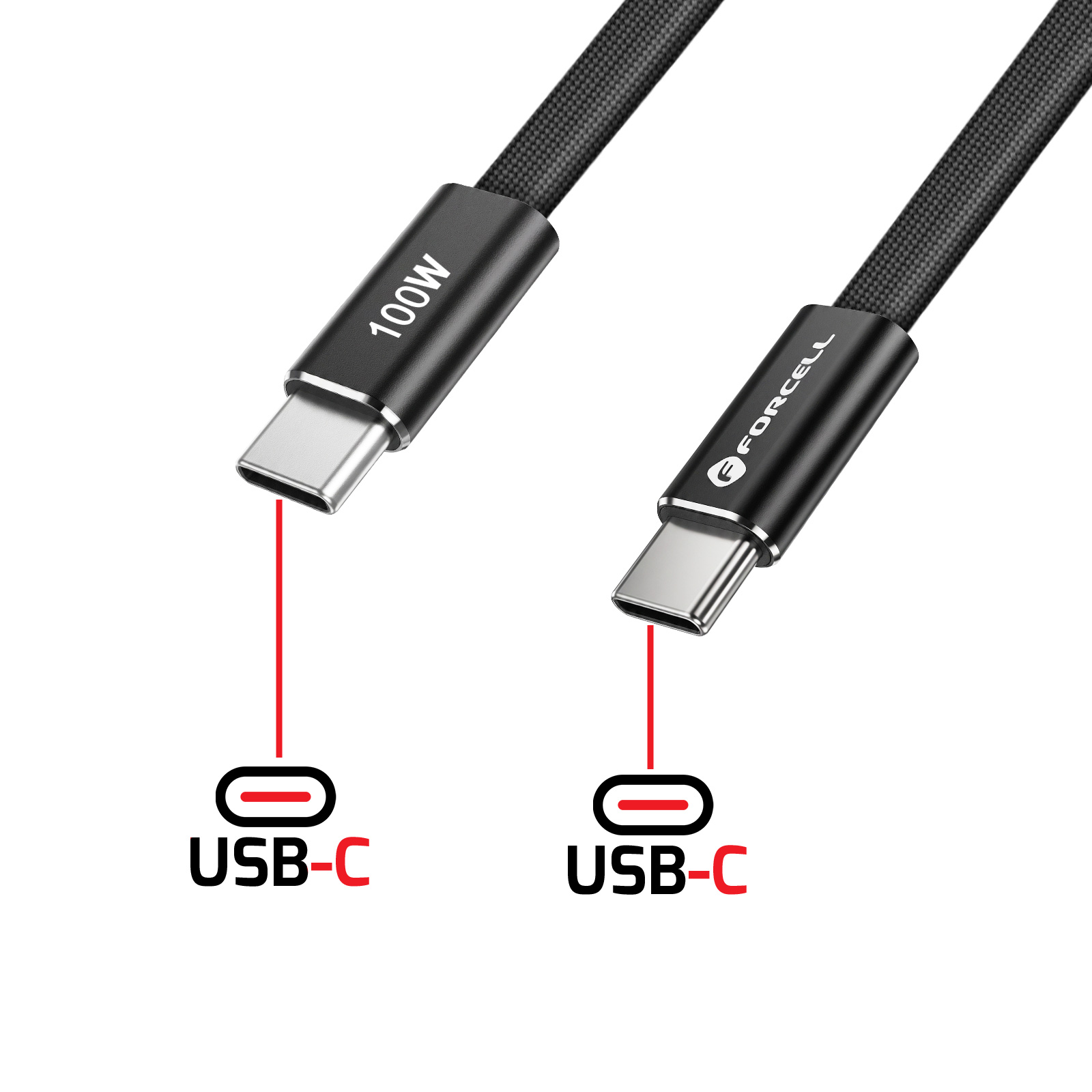 Zwei schwarze USB-C-Kabel mit Metallsteckern, eines zeigt '100W', das andere 'FORCELL'.