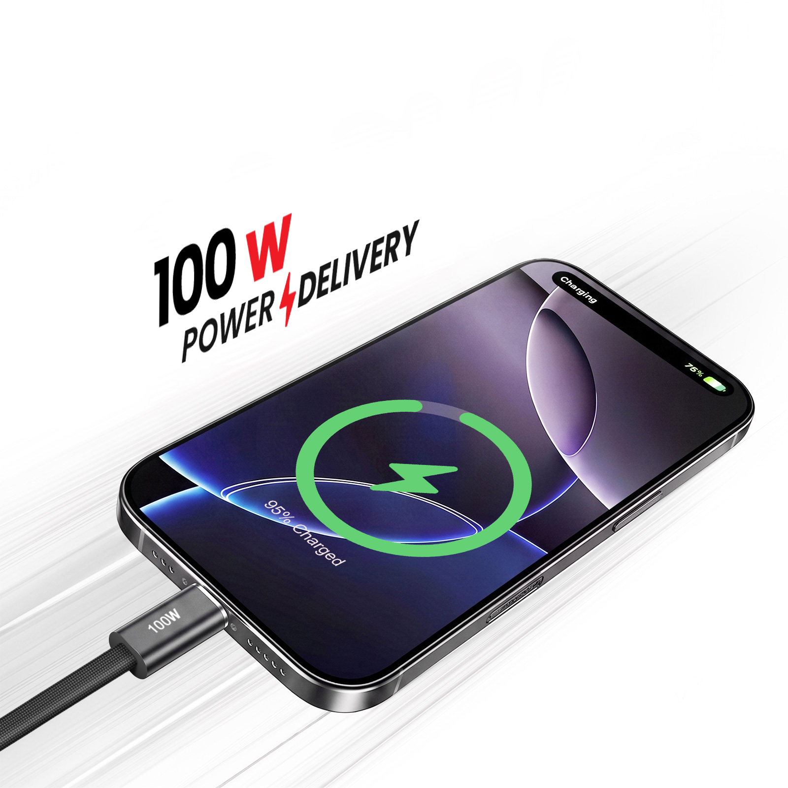 Ein Smartphone lädt mit einem 100W-Kabel und zeigt eine grüne Ladeanzeige sowie den Text 100W Power Delivery.