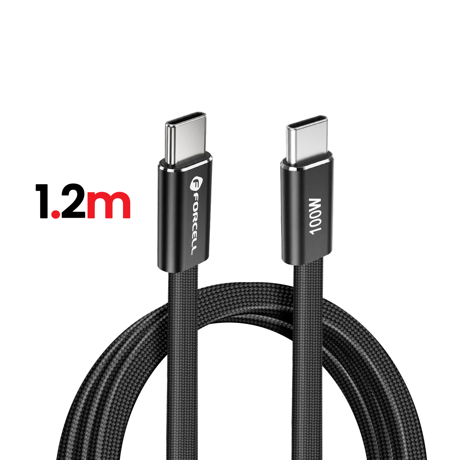 Ein schwarzes, geflochtenes USB-C-Kabel mit Metallsteckern, 1,2 m lang und 100W.