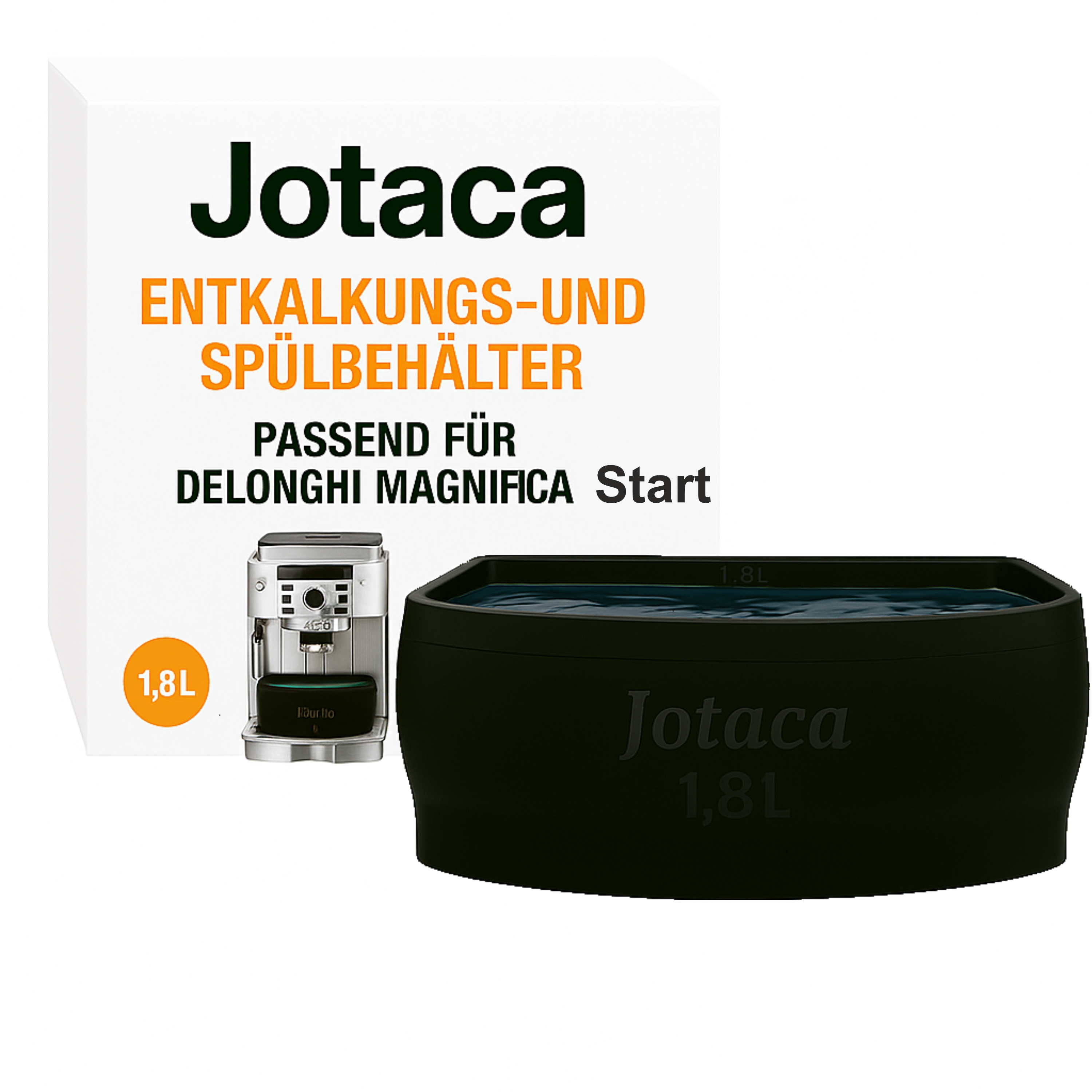 Ein schwarzer Jotaca Entkalkungsbehälter für DeLonghi Kaffeemaschinen vor einer weißen Produktverpackung.