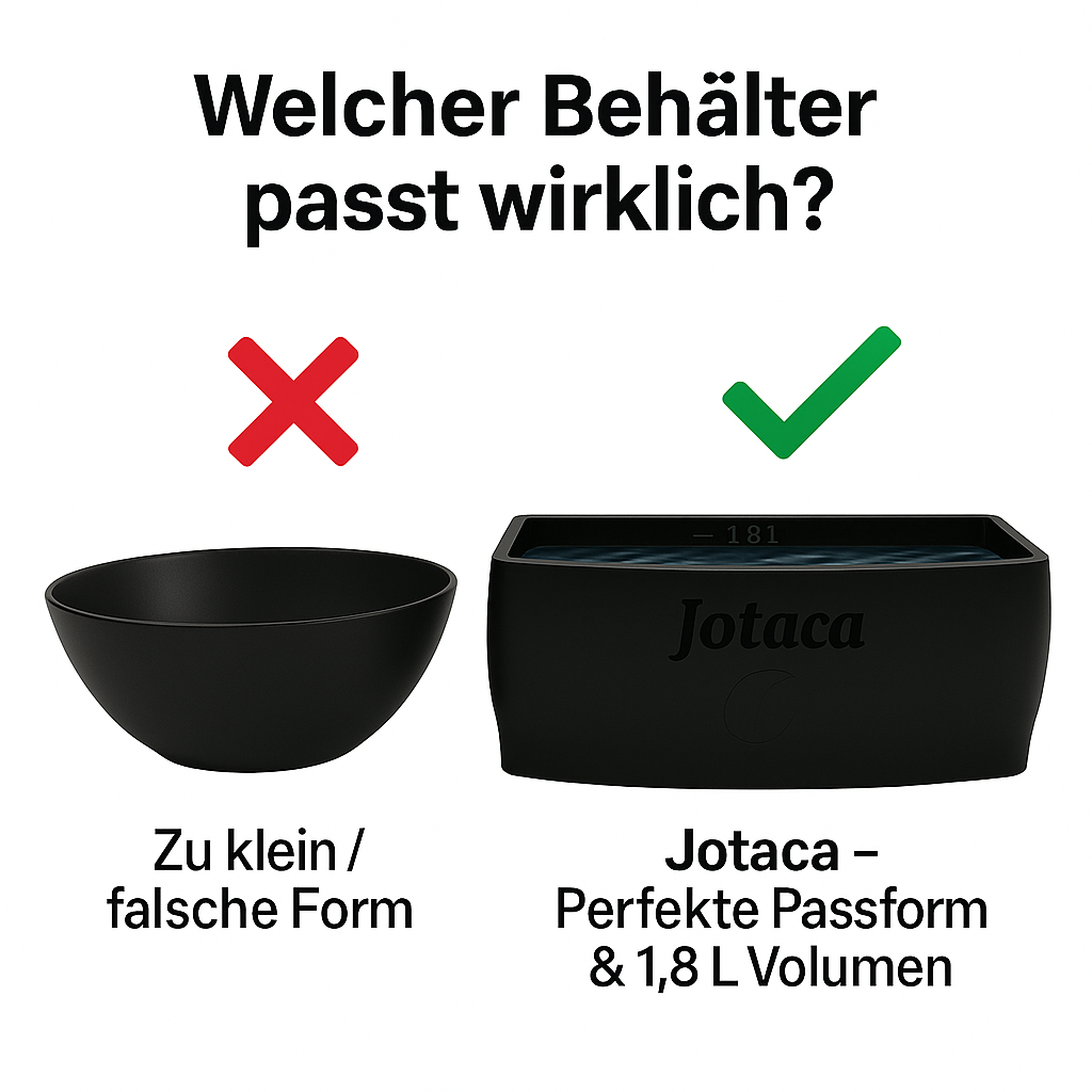 Vergleich zweier Behälter: Ein runder Topf mit rotem Kreuz als ungeeignet und ein passender Jotaca-Behälter mit grünem Haken.