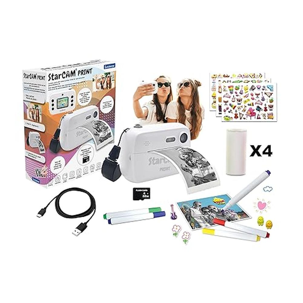 Weisse Sofortbildkamera mit Box, Papierrollen, Markern, SD-Karte und Stickern.