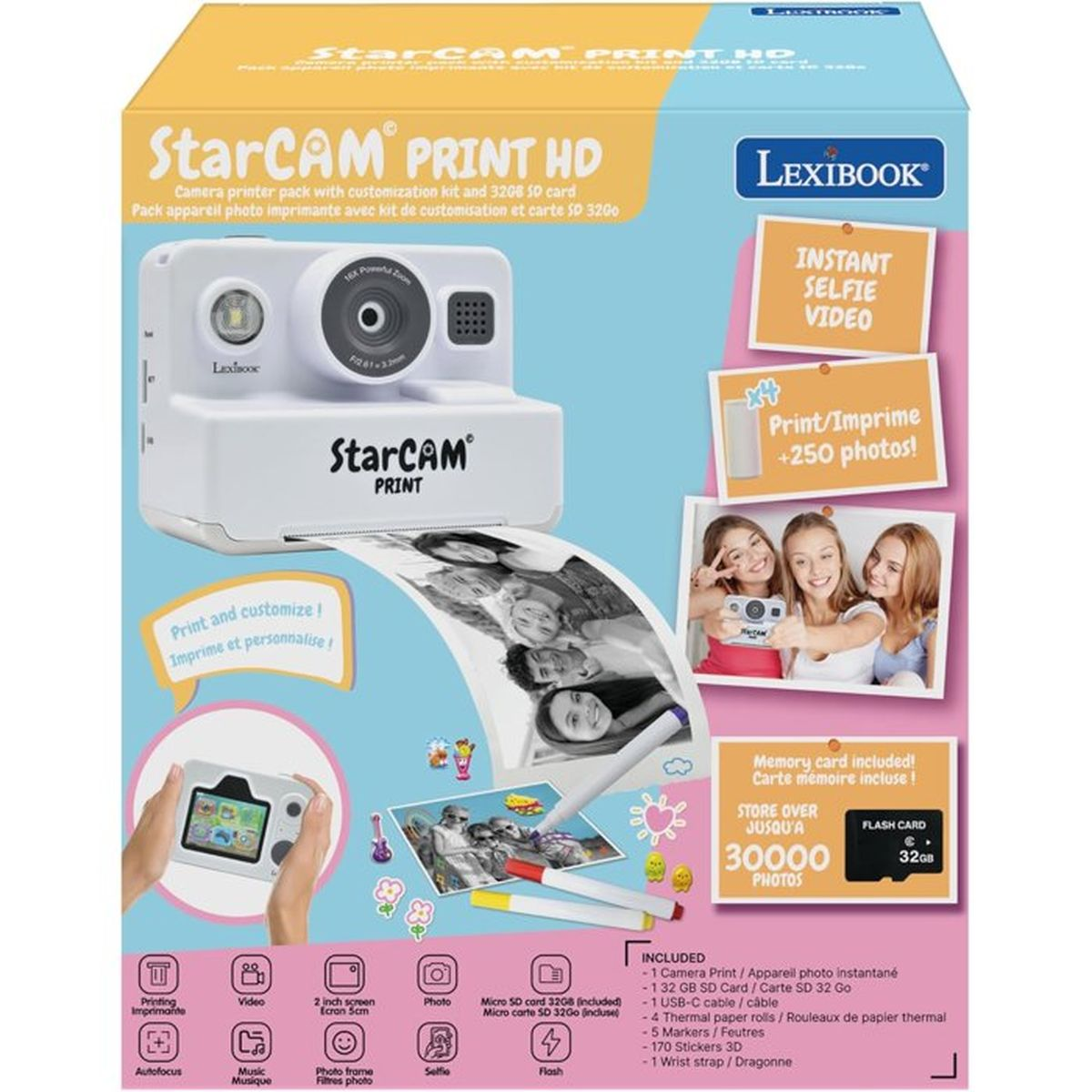 Verpackung der Lexibook StarCAM Print HD Sofortbildkamera mit Zubehör und gedruckten Fotos.