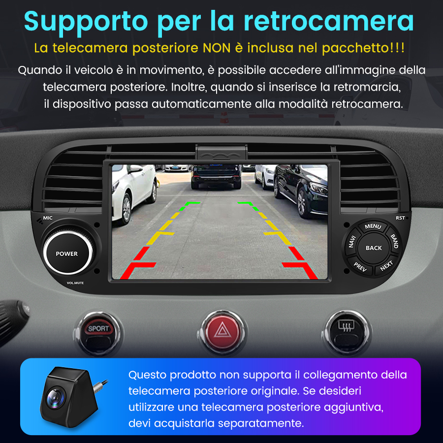 Cruscotto auto con schermo che mostra la retrocamera e testo esplicativo.