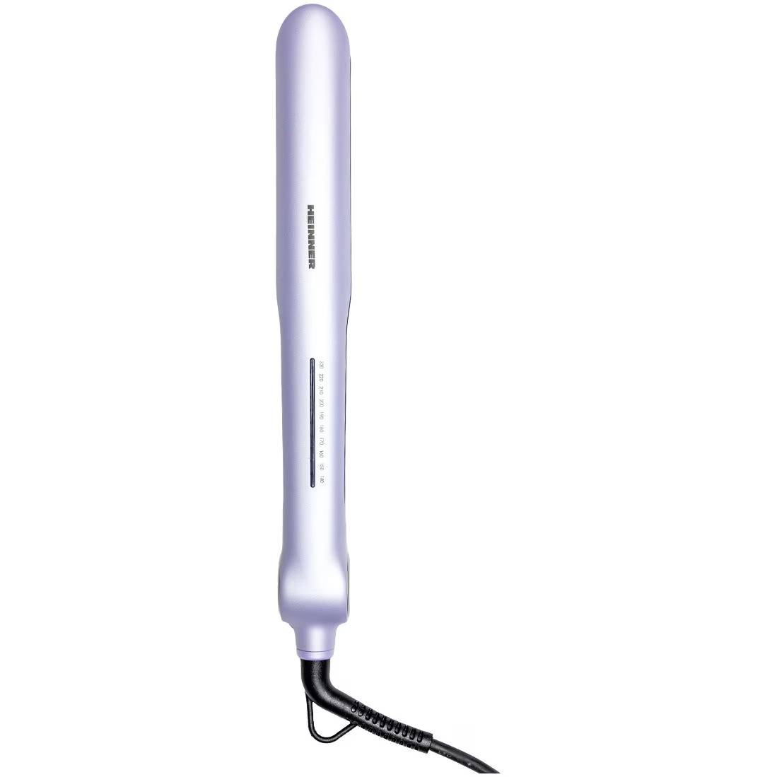 Een glanzende lavendelkleurige stijltang met een zwart snoer op een witte achtergrond.