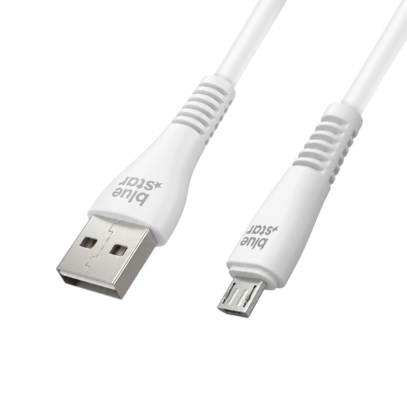 Weißes USB-A- auf Micro-USB-Kabel mit Markenlogo auf weißem Hintergrund.