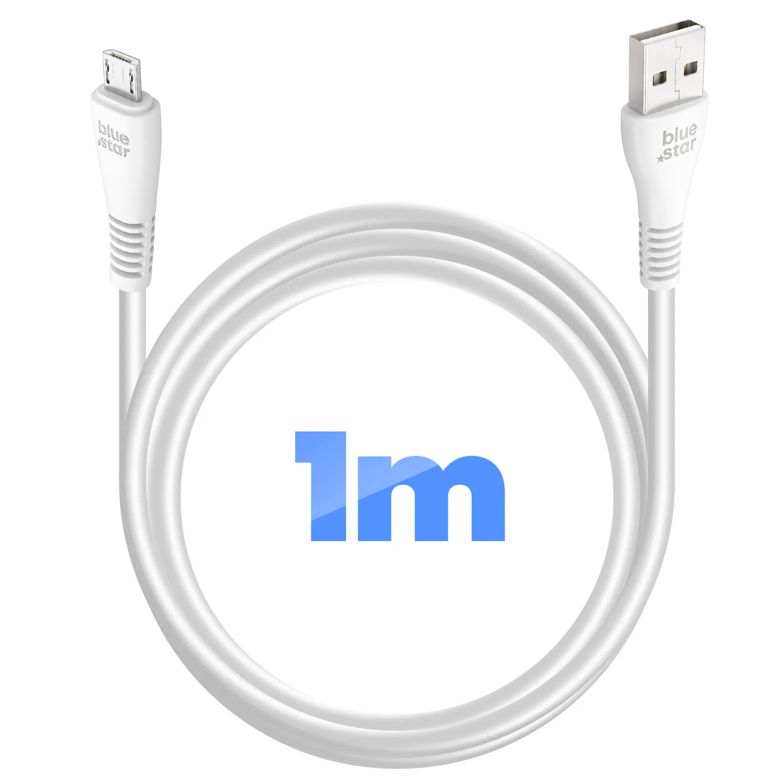 Ein gewickeltes weißes USB- zu Micro-USB-Kabel mit 'blue star'-Logo und '1m' in der Mitte auf weißem Hintergrund.