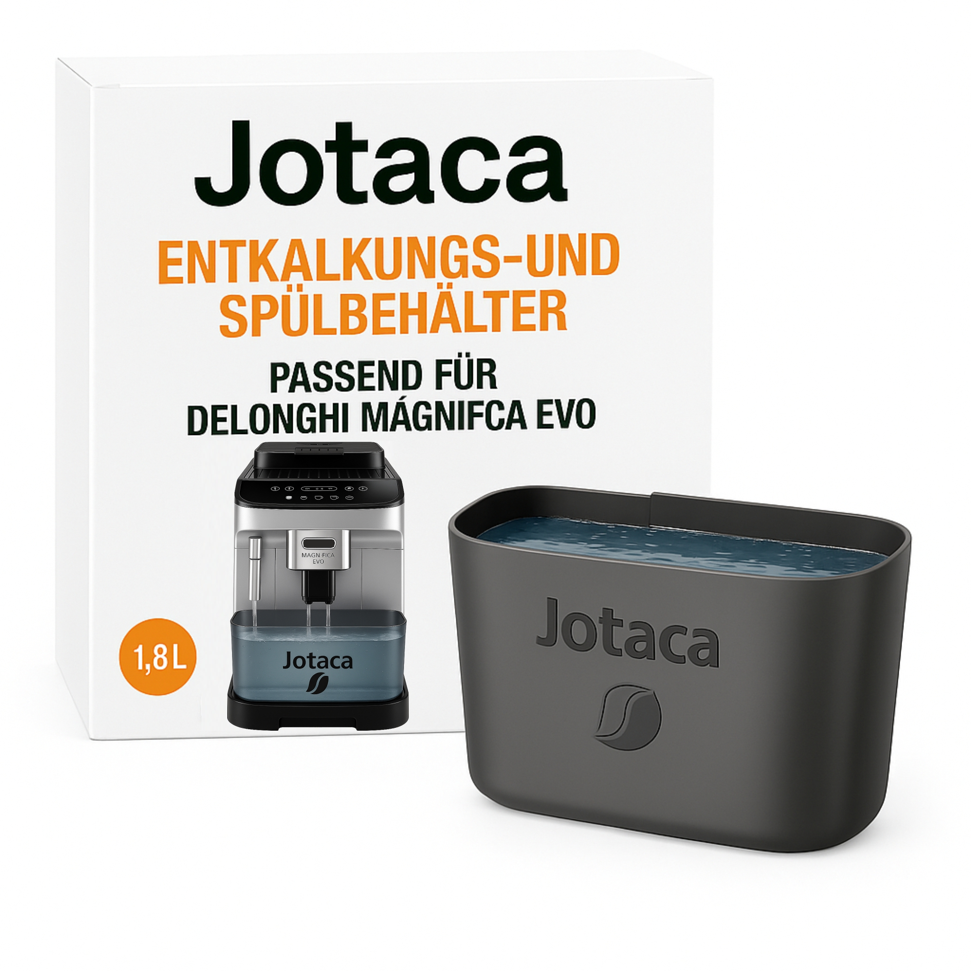 Jotaca Entkalkungs- und Spülbehälter für DeLonghi Magnifica Evo vor seiner Produktverpackung.