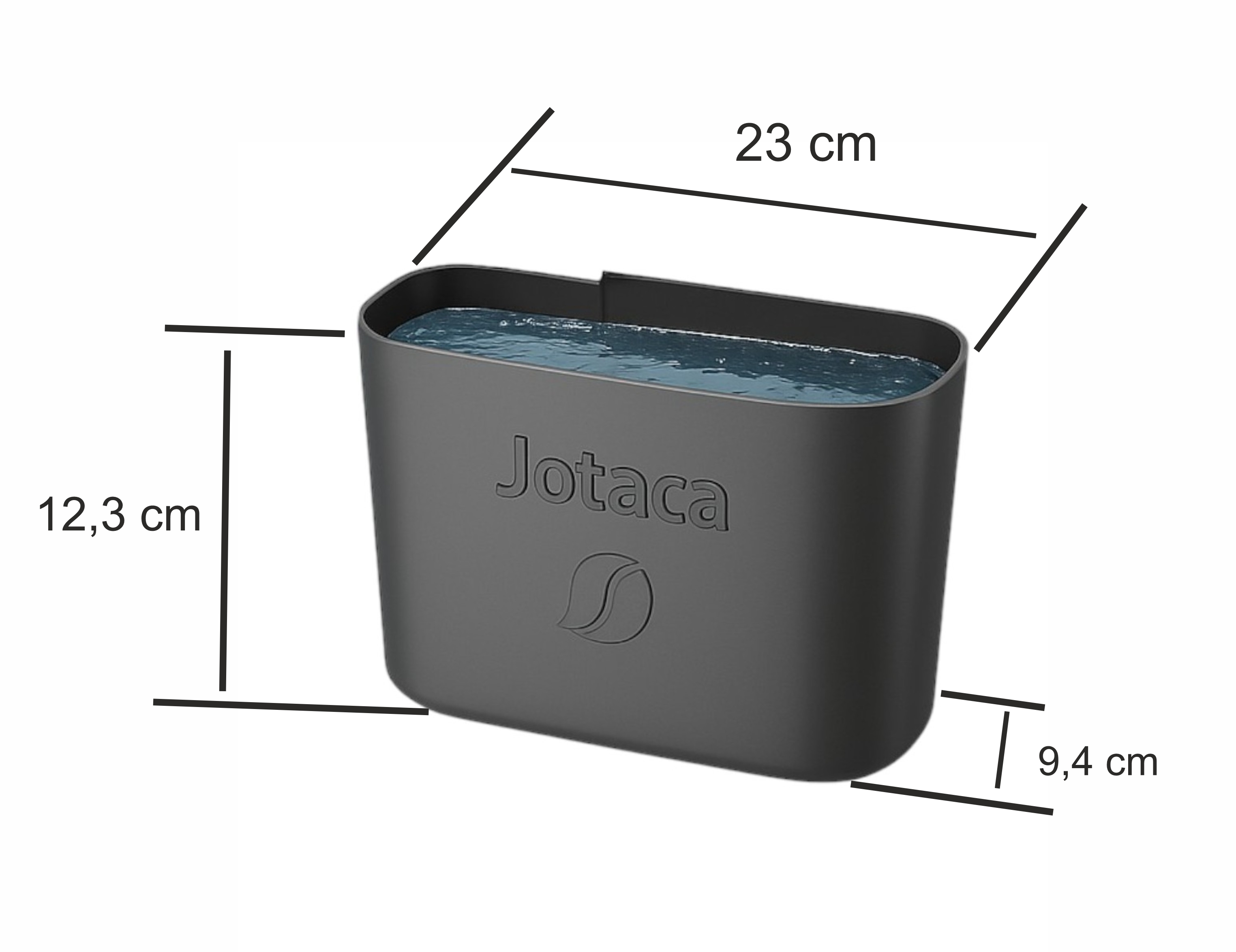 Schwarzer Jotaca-Behälter mit Wasser, 23 cm breit, 12,3 cm hoch und 9,4 cm tief.