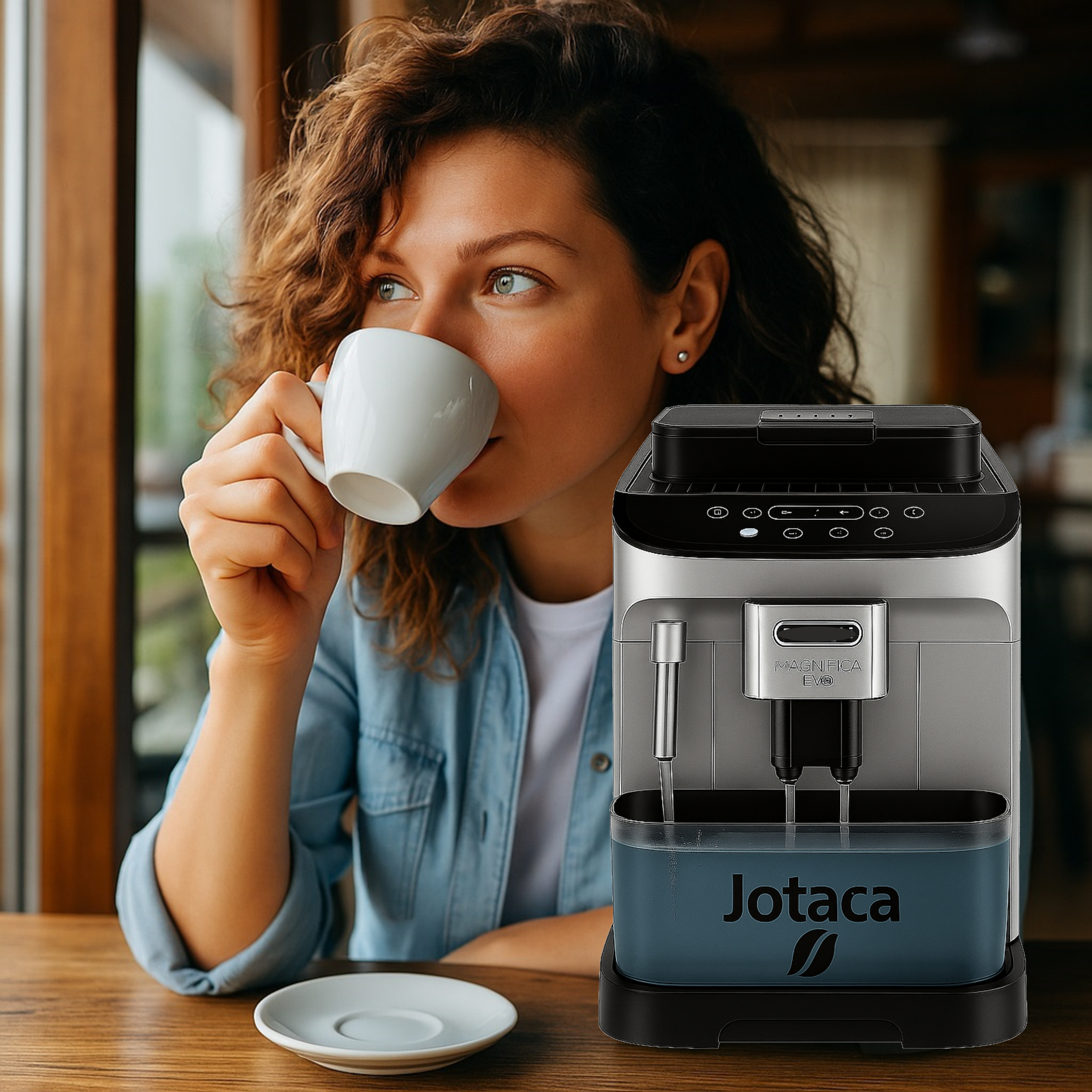 Eine lockige Frau trinkt aus einer weißen Tasse neben einer modernen silbernen Kaffeemaschine auf einem Holztisch.