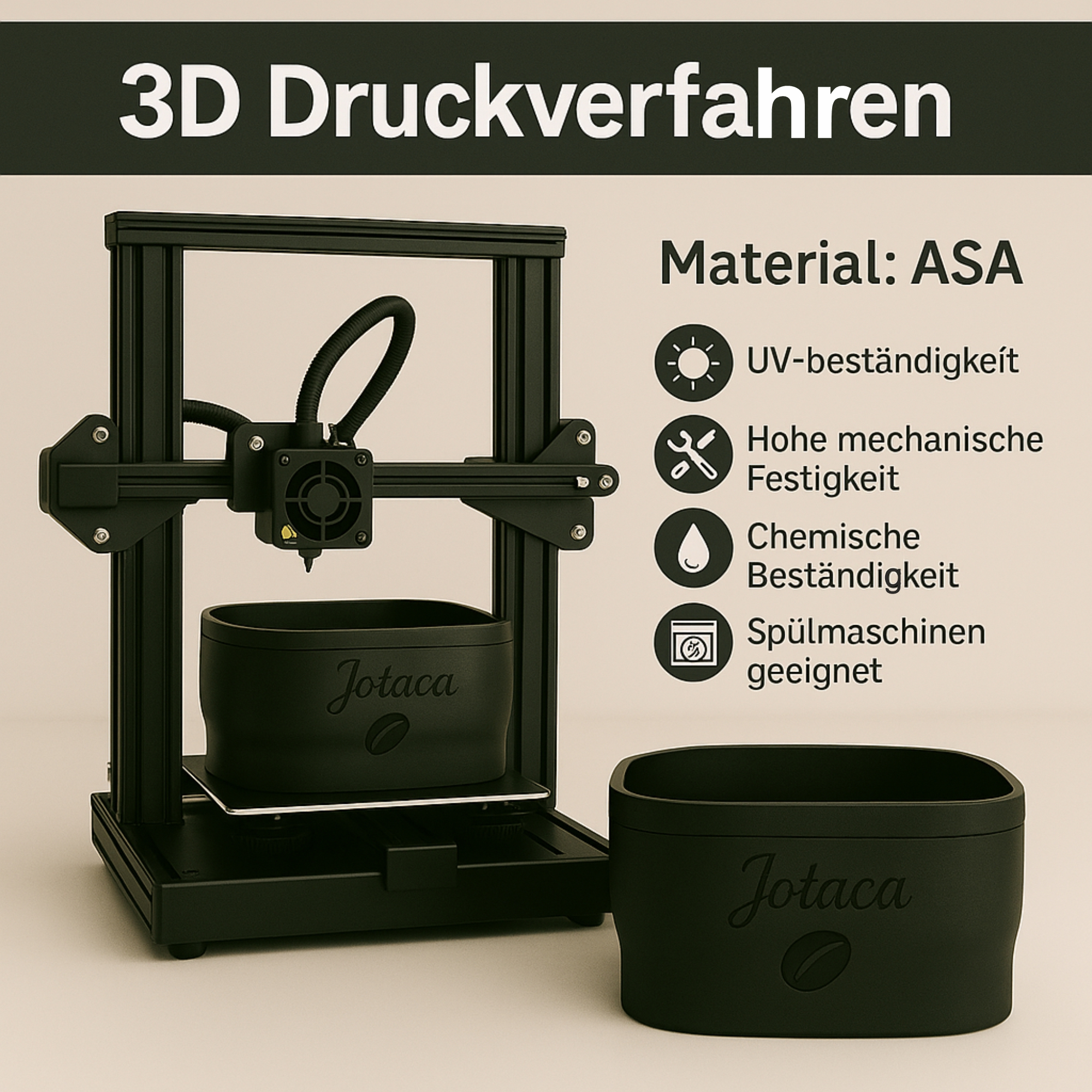3D-Drucker mit ASA-Material, Eigenschaften wie UV-Beständigkeit und gedruckter Behälter.