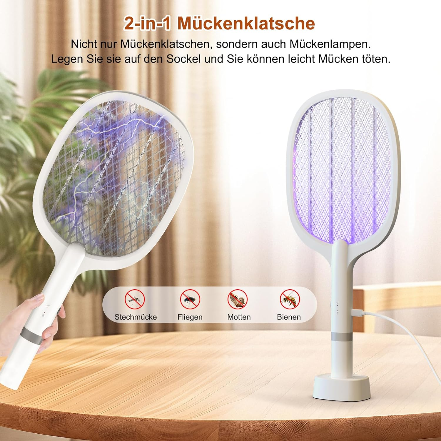 Eine 2-in-1 elektrische Fliegenklatsche, einmal handgehalten mit Funken und einmal als UV-Lampe auf einem Tisch.