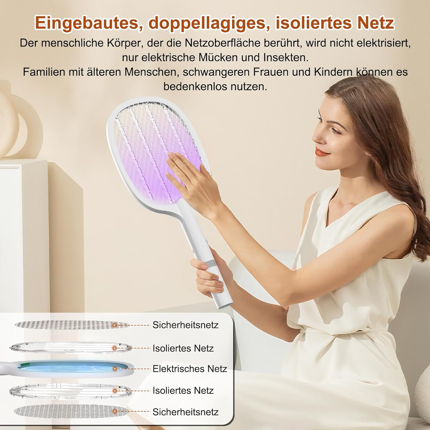 Eine Frau hält eine weiße elektrische Fliegenklatsche mit violettem Licht, während ein Diagramm die Schichten zeigt.