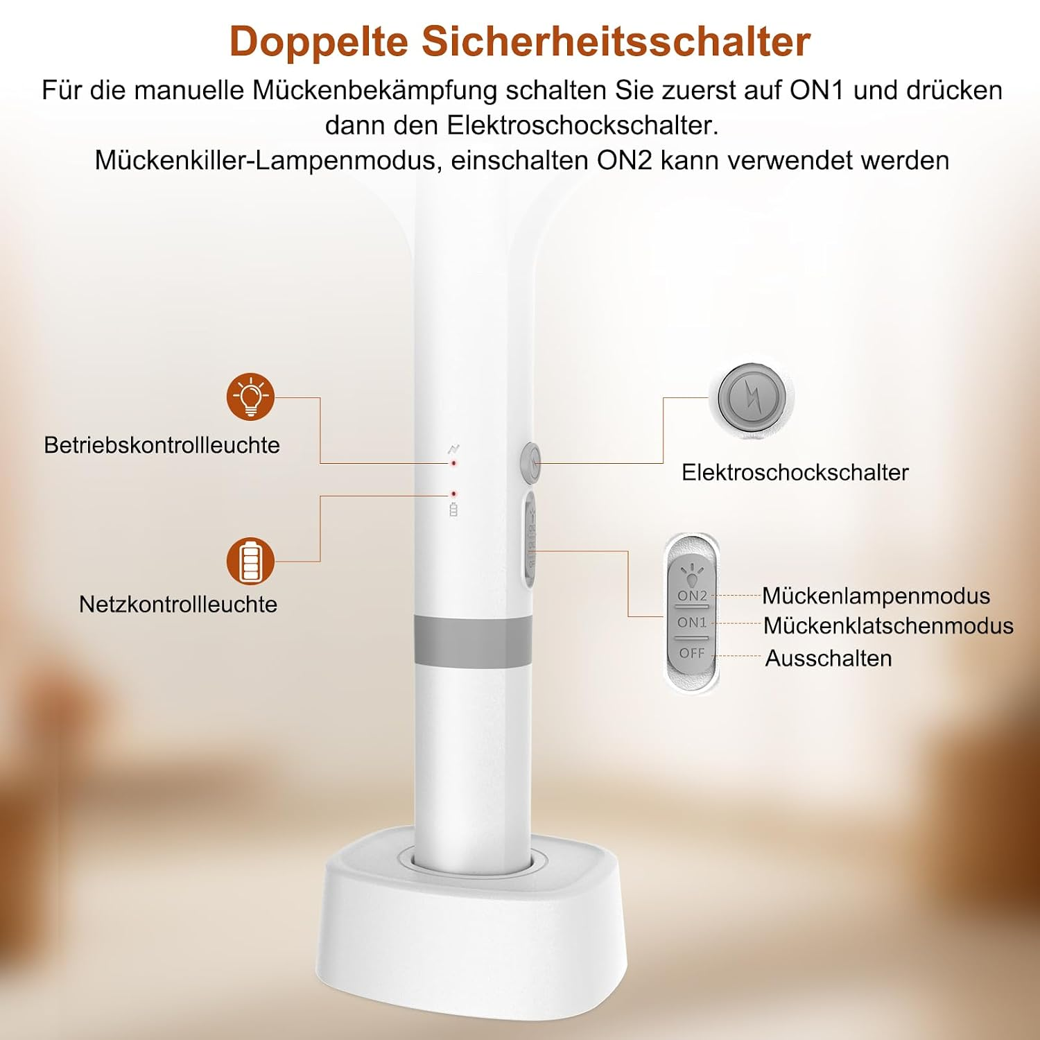 Diagramm zeigt die Sicherheits- und Bedienelemente eines elektrischen Mückenkillers mit deutscher Beschriftung.