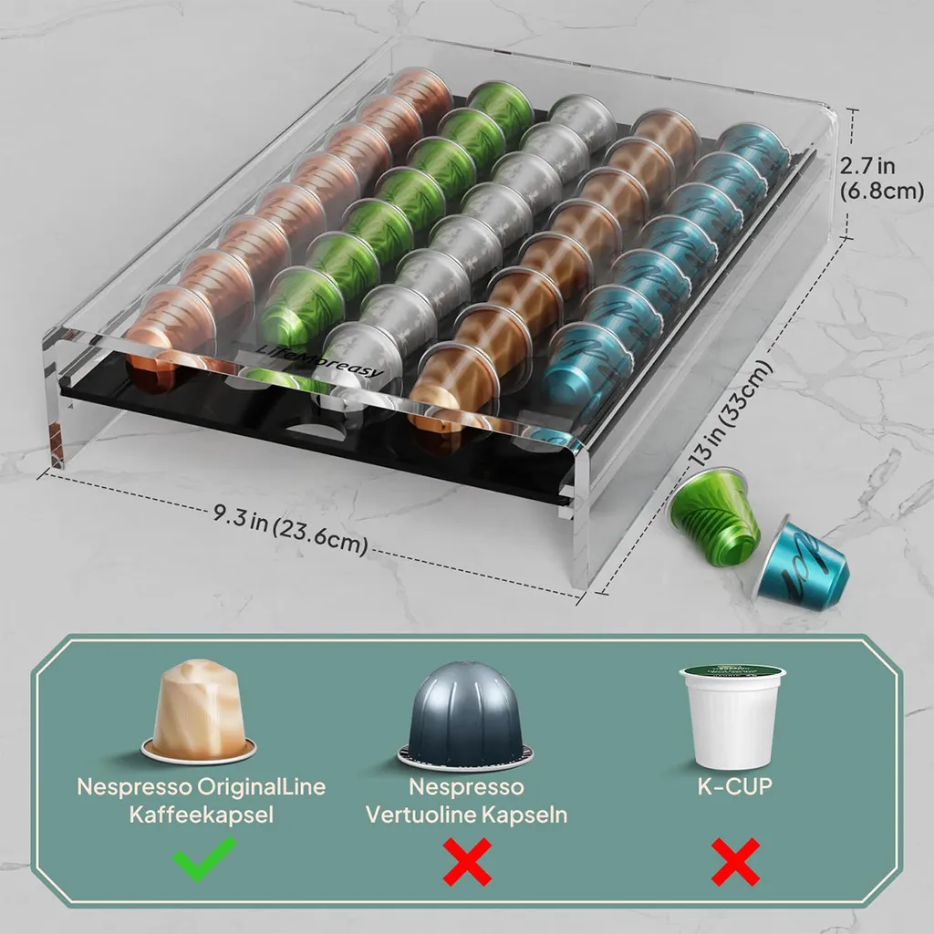 Transparenter Acryl-Kaffeekapselhalter mit Kapseln, Maße und Kompatibilitätsinfo.