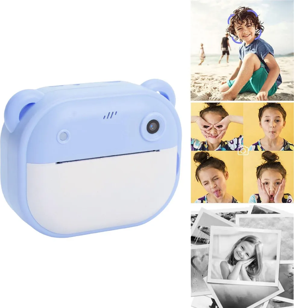 Blaue Kinderkamera mit Bärenohren und Beispielen für Sofortfotos auf der rechten Seite.