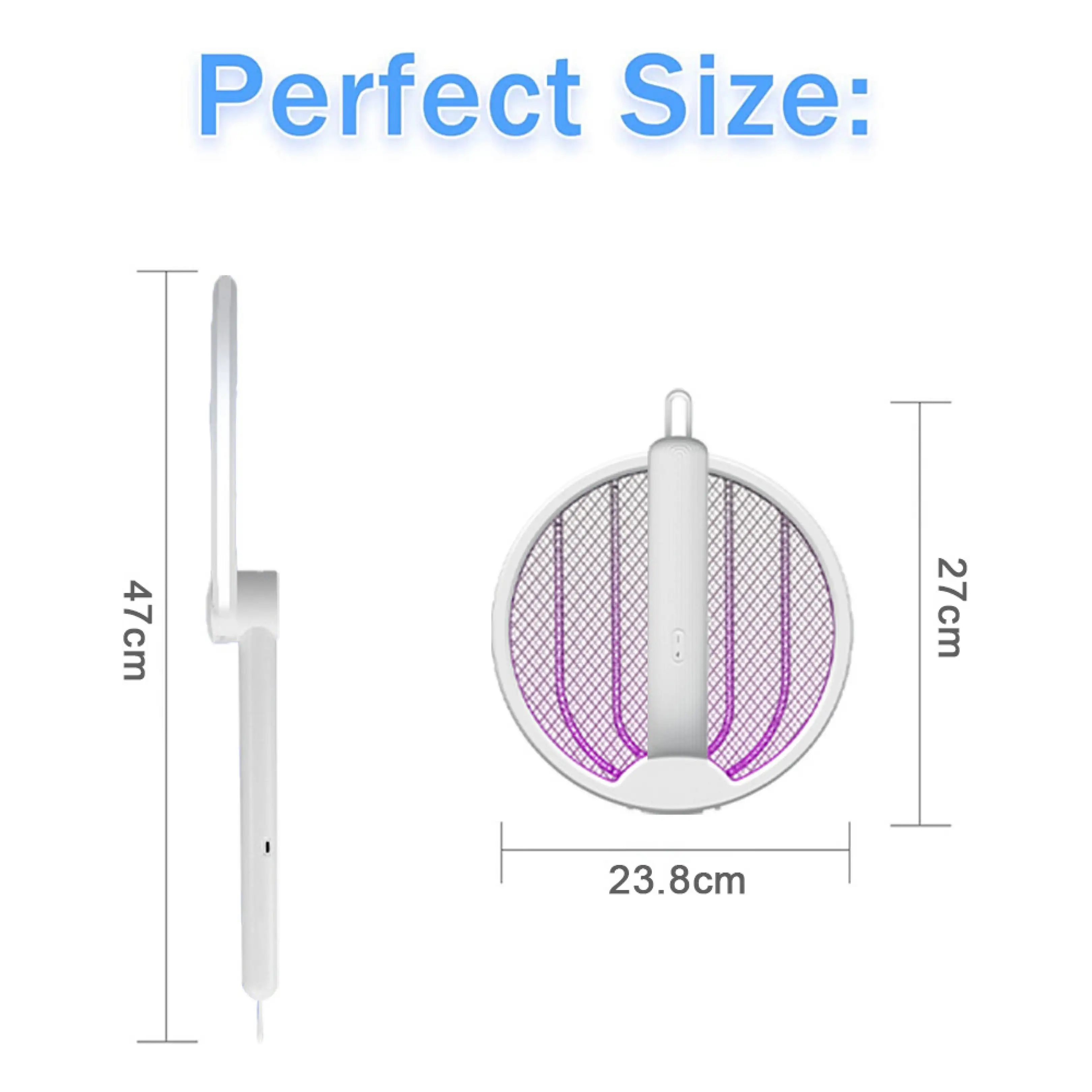 Diagramm zeigt die Maße einer weißen Insektenfalle: 47 cm Länge, 27 cm Höhe und 23.8 cm Breite.