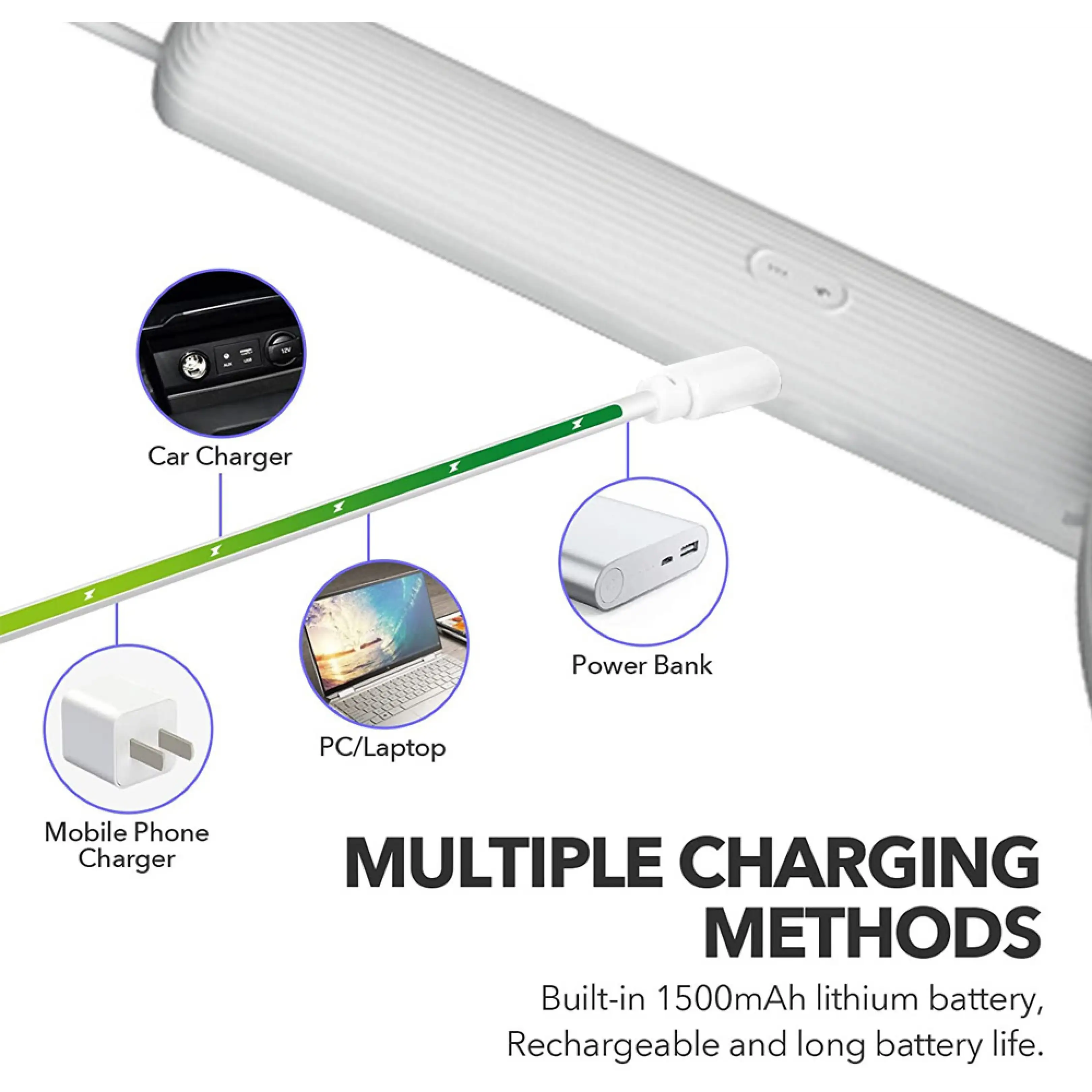 Verschiedene Lademethoden wie Autoladegerät, Powerbank, PC und Smartphone-Ladegerät für eine LED-Leuchte.