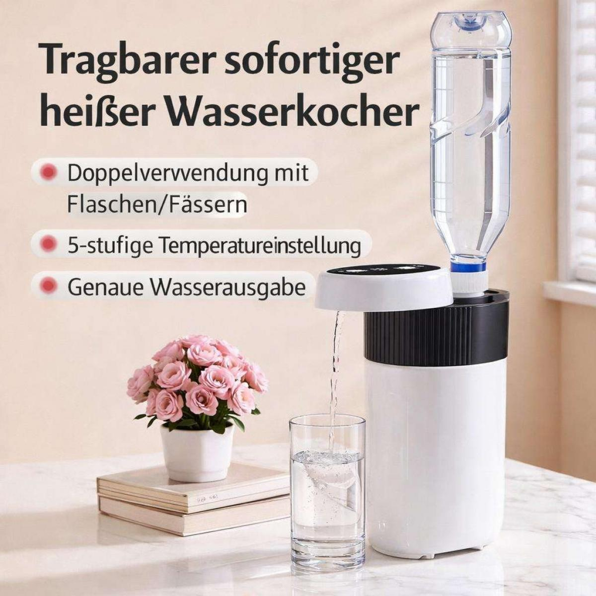 Tragbarer Wasserkocher mit Flasche auf dem Tisch und Text.