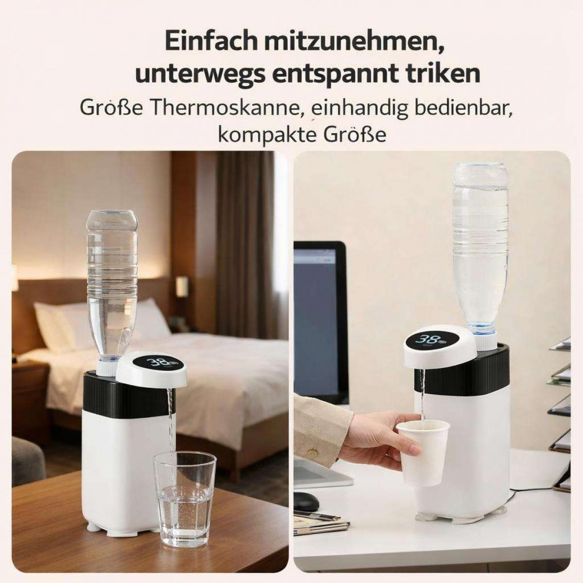 Tragbarer weiß-schwarzer Wasserspender mit aufgesetzter Flasche, der Wasser in Gläser füllt.