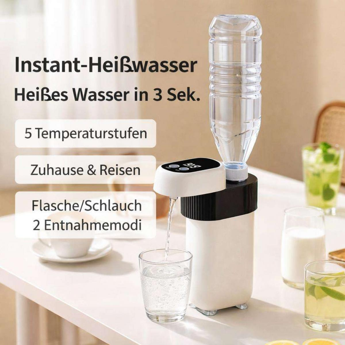 Tragbarer Wasserkocher mit Flasche auf dem Tisch, der Wasser in ein Glas gießt.