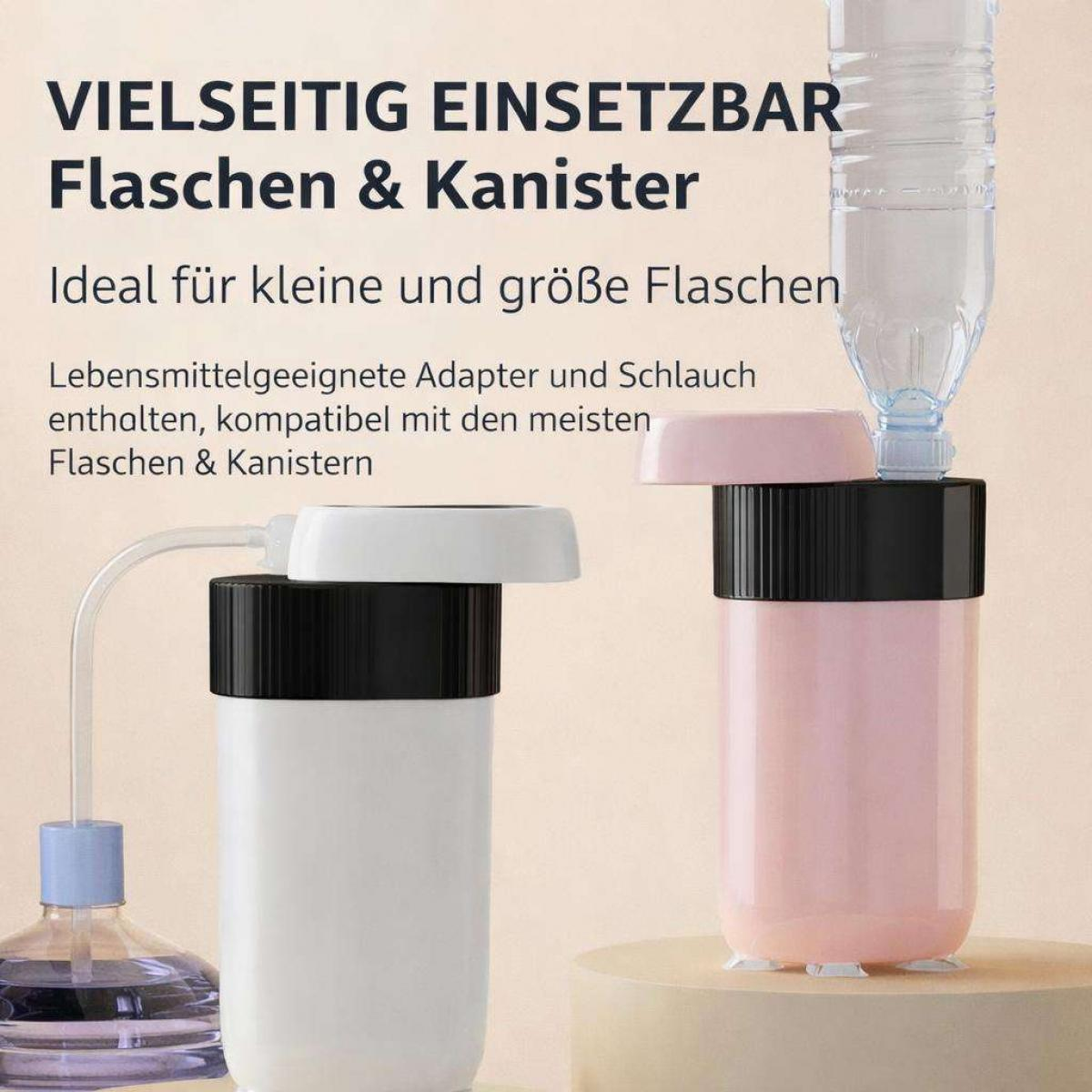 Eine Werbung für vielseitige Flaschenadapter und Schläuche mit weißen und rosa Behältern und deutschem Text.