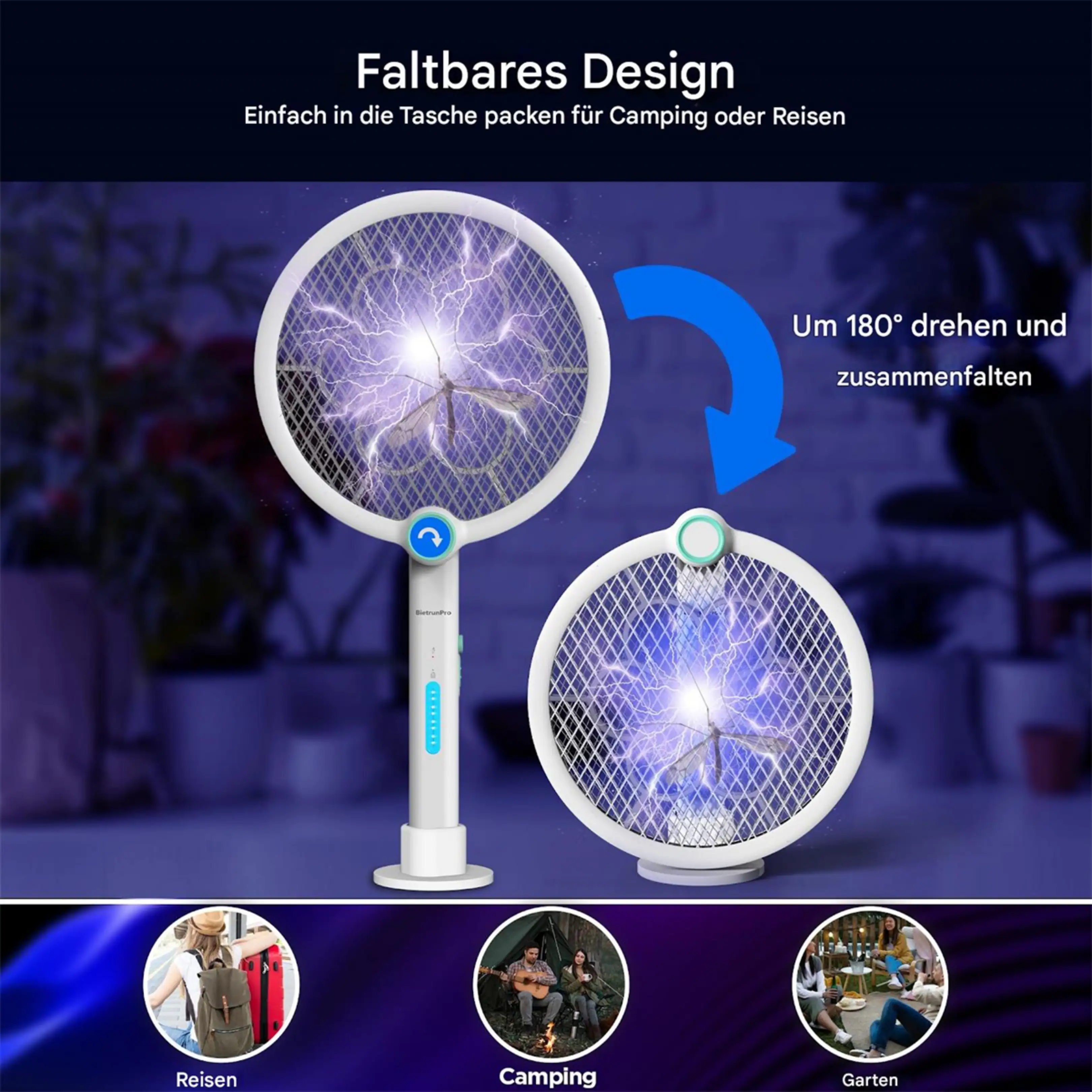 Faltbare elektrische Fliegenklatsche mit lila Stromstoßeffekt und Insektenbildern, ideal für Reisen und Garten.