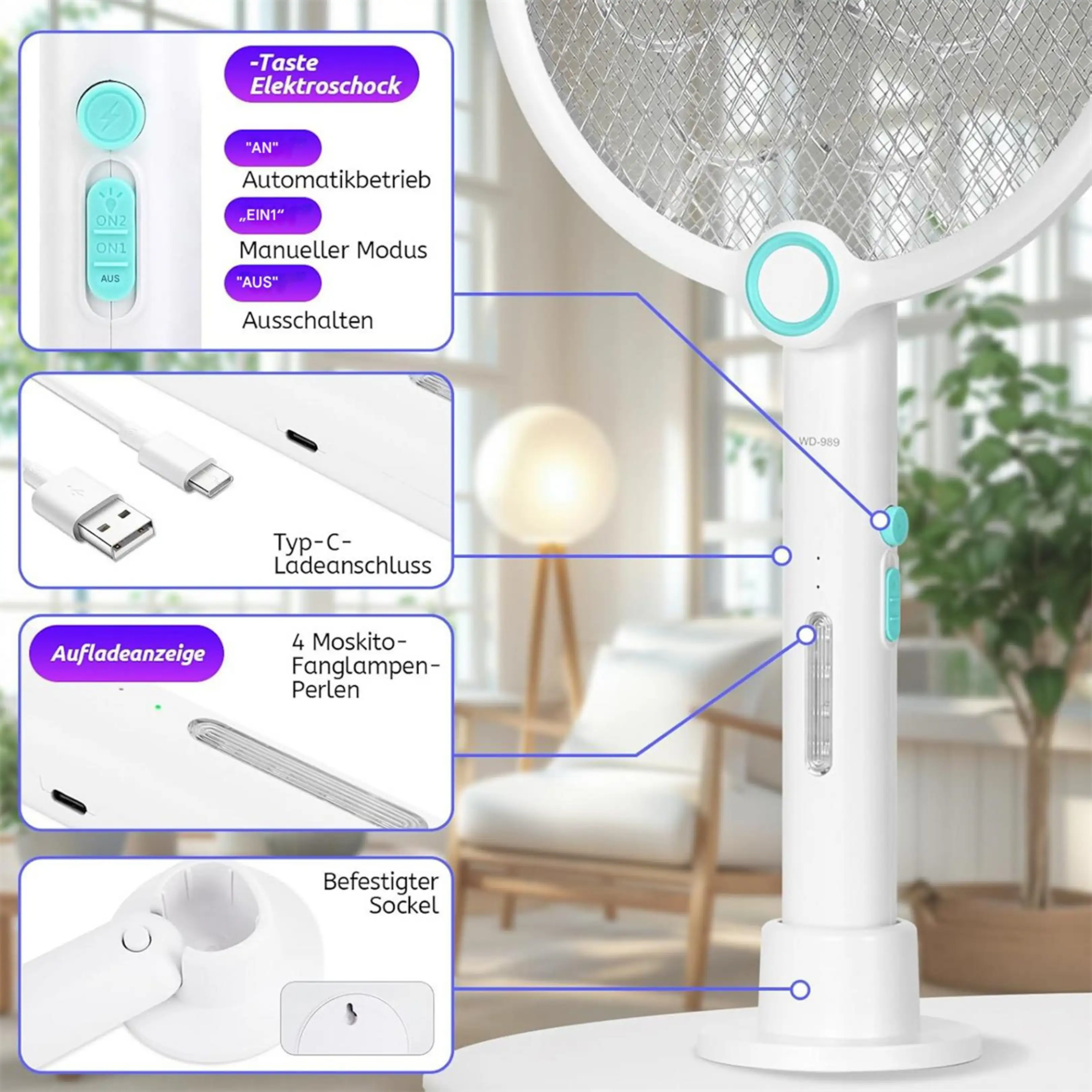 Eine weiße elektrische Fliegenklatsche mit Ladekabel, Funktionsknöpfen und Halterung vor einer verschwommenen Raumkulisse.
