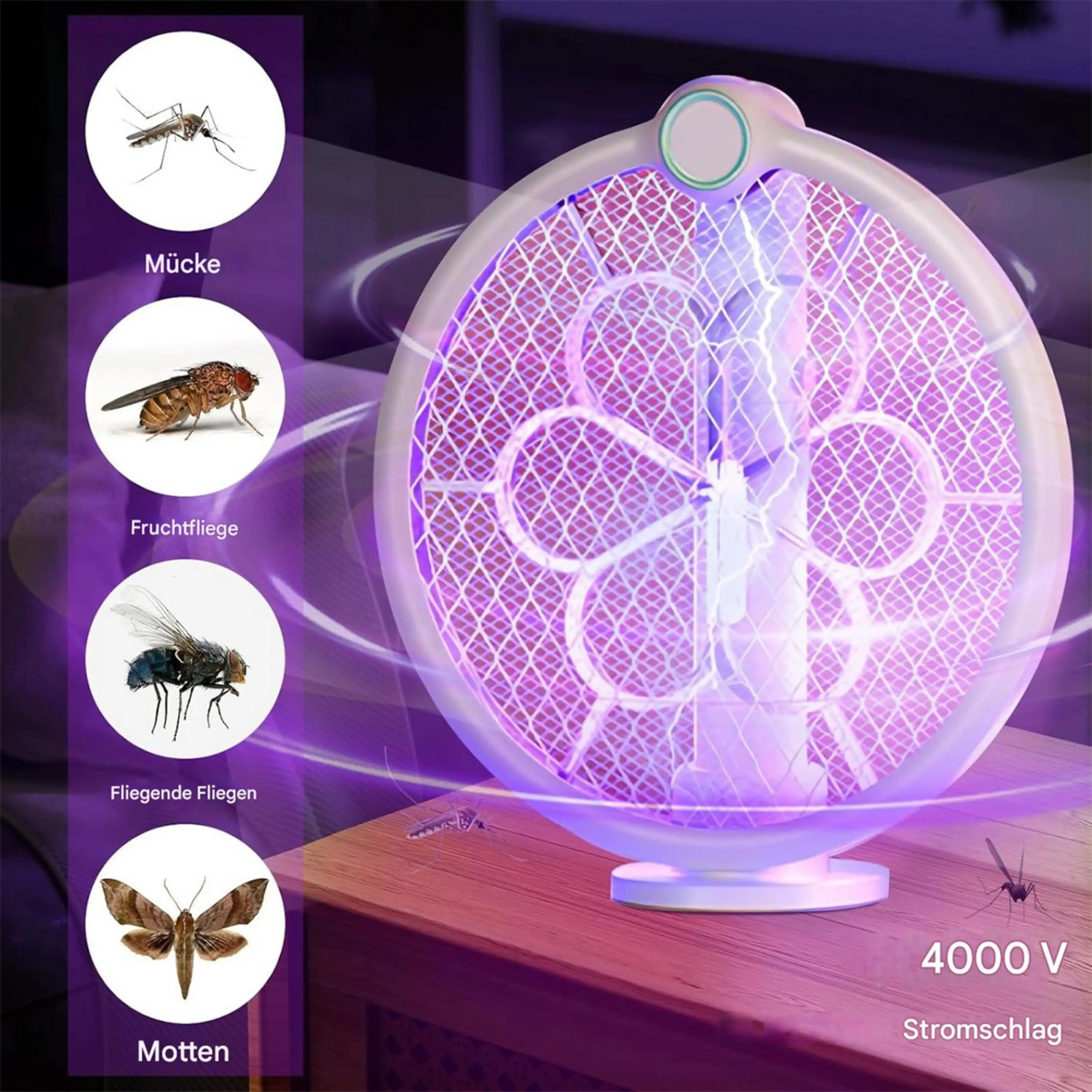Eine violette UV-Mückenfallenlampe auf einem Holztisch mit kreisförmigen Insets, die Zielinsekten zeigen.