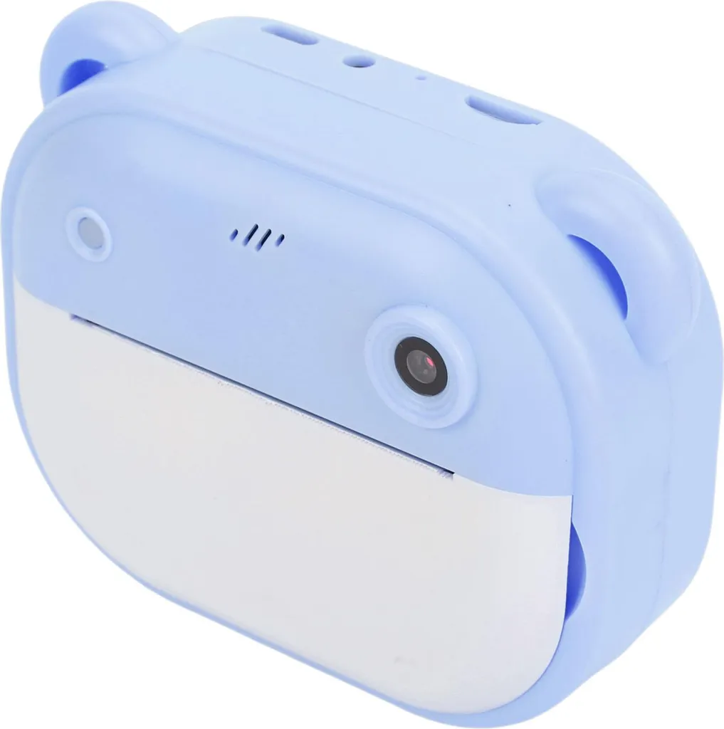 Blaue Kinderkamera mit Bärenohren und integriertem Drucker.