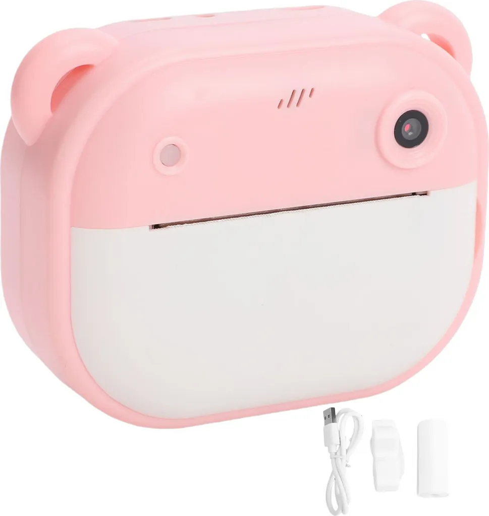 Rosa, bärenförmige Kinderkamera mit Drucker, USB-Kabel und Zubehör auf weißem Hintergrund.