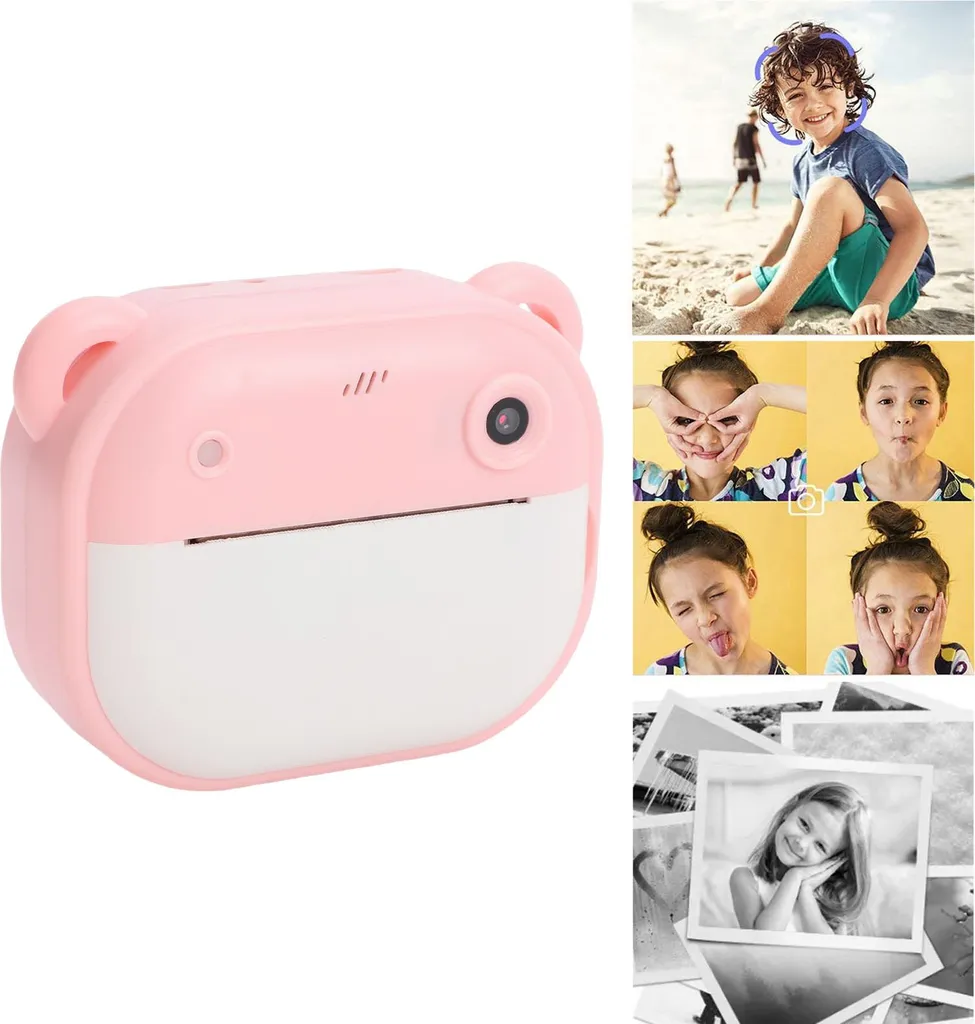 Rosa Bärenkamera mit weißem Papierfach und Beispielfotos von Kindern.