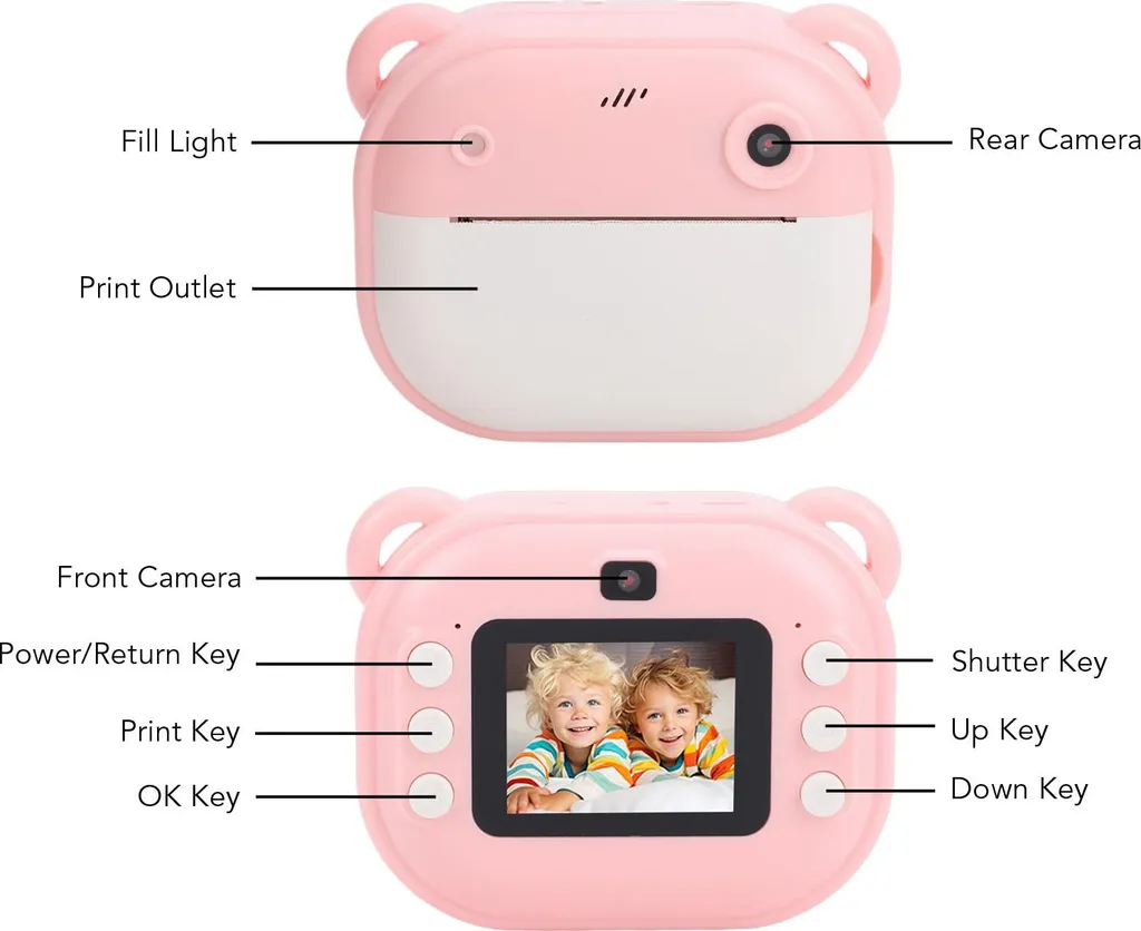 Rosa Kinderkamera mit Bärenohren, Front- und Rückkamera, Tasten und Bildschirm mit Kindern.