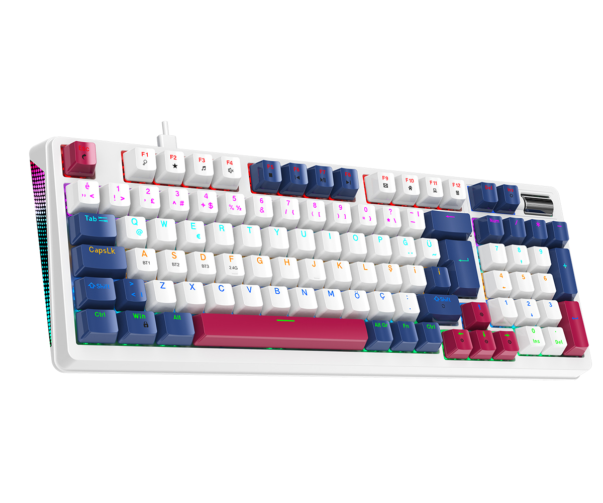 Renkli mavi, kırmızı ve beyaz tuş kapaklarına ve RGB aydınlatmaya sahip beyaz mekanik klavye.