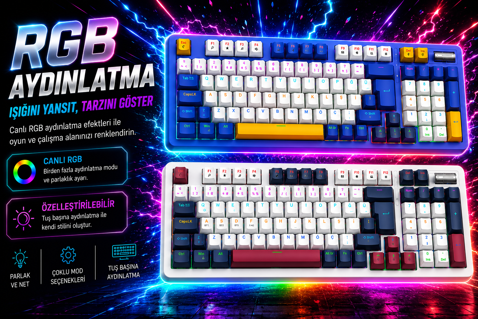 Renkli ve parlayan bir arka plan önünde biri mavi, diğeri beyaz iki RGB aydınlatmalı klavye.