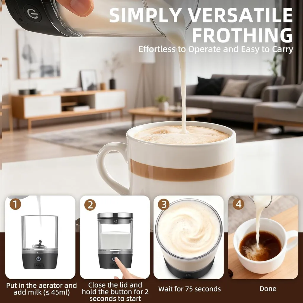 Milch wird in eine Kaffeetasse gegossen, mit Anleitungsbildern unten.