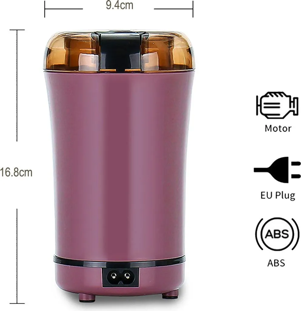 Violette elektrische Kaffeemühle mit braunem Deckel, EU-Stecker und Maßangaben.